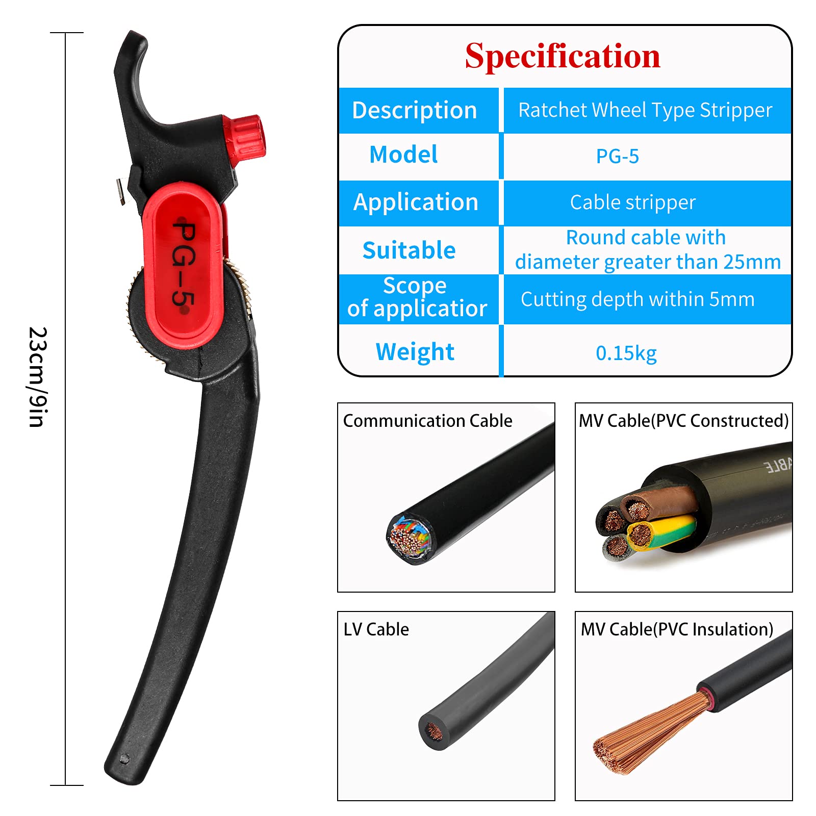 Pelacables tipo rueda de trinquete, cuchillo de cable PG-5 para herramienta de pelado de cables Comm/PVC/LV de 25 mm