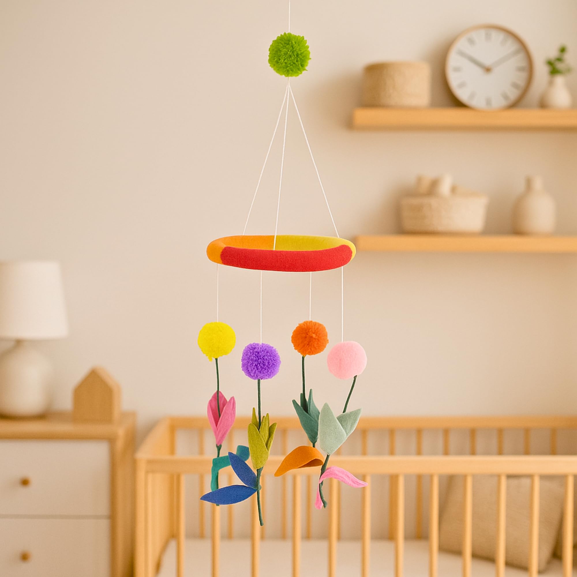 Handmade Floral Wish Catcher – Colorful Nursery Crib Hanging Mobile Décor with Pom-Poms and Flowers-image-2