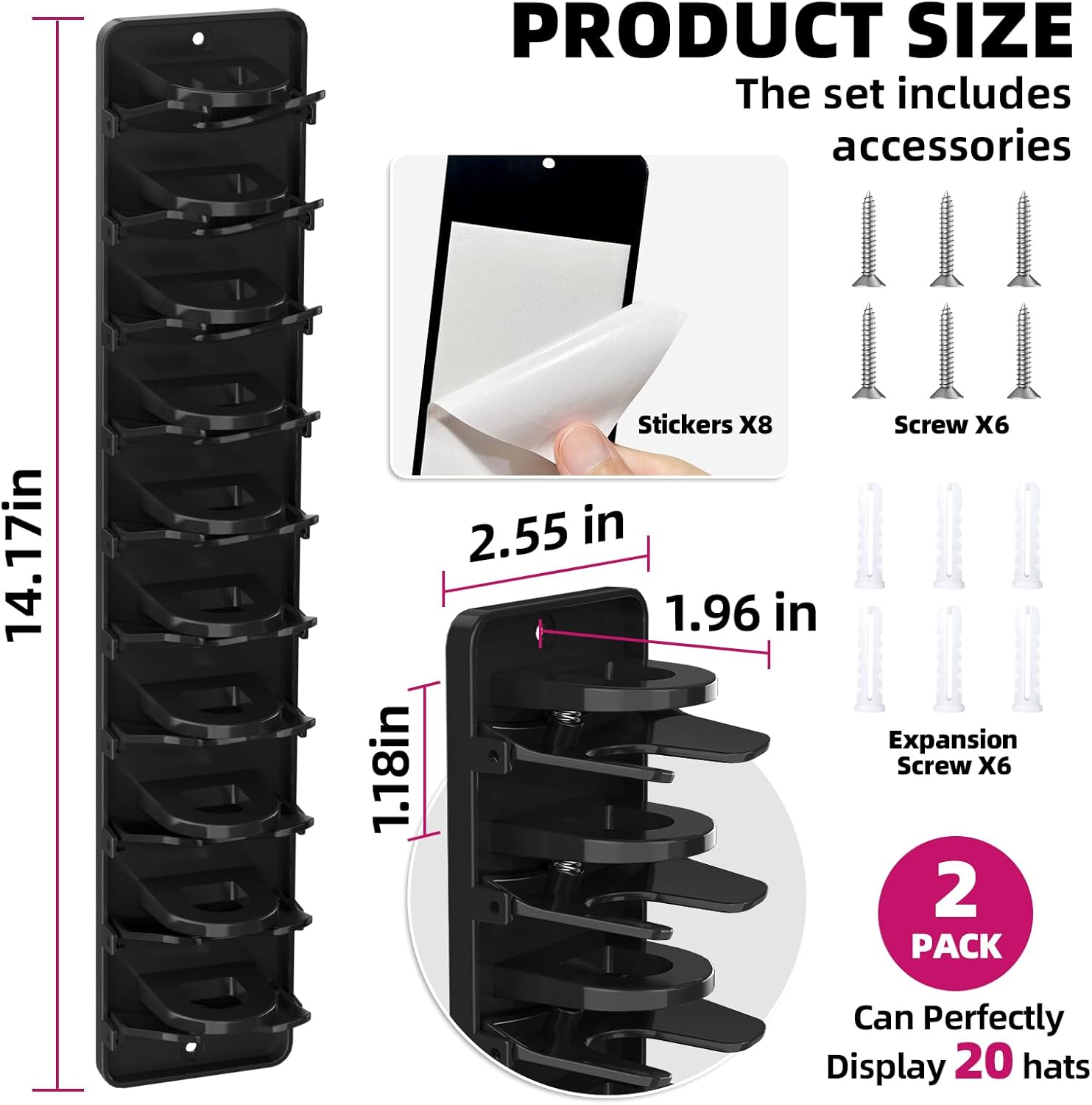 Spring Clip Hat Organizer for Baseball Caps – 2 Pack, Wall Hat Rack for Door & Closet – Keeps 20 Hats Tidy in Entryway, Dorm, Bedroom – Multi-Layer Cap Storage (Adhesive or Screws) - Image 2