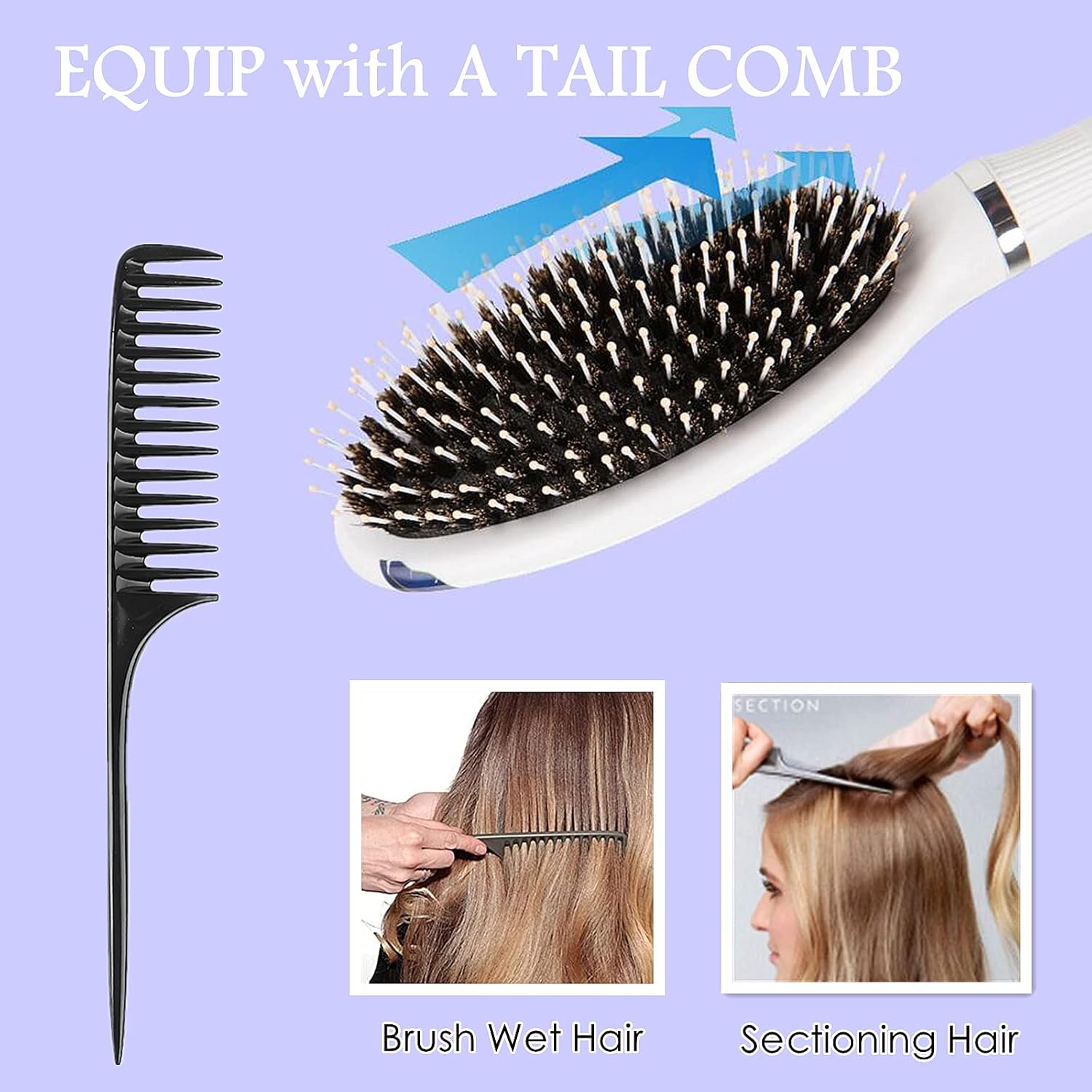 Hair Brush, Boar Bristle Hair Brushes for Women Kids Thick Curly Wet Dry Hair, Smoothing Detangling Hairbrush Adds Shine and Improves Hair Texture, Portable Hair Comb and Giftbox Included : Beauty & Personal Care