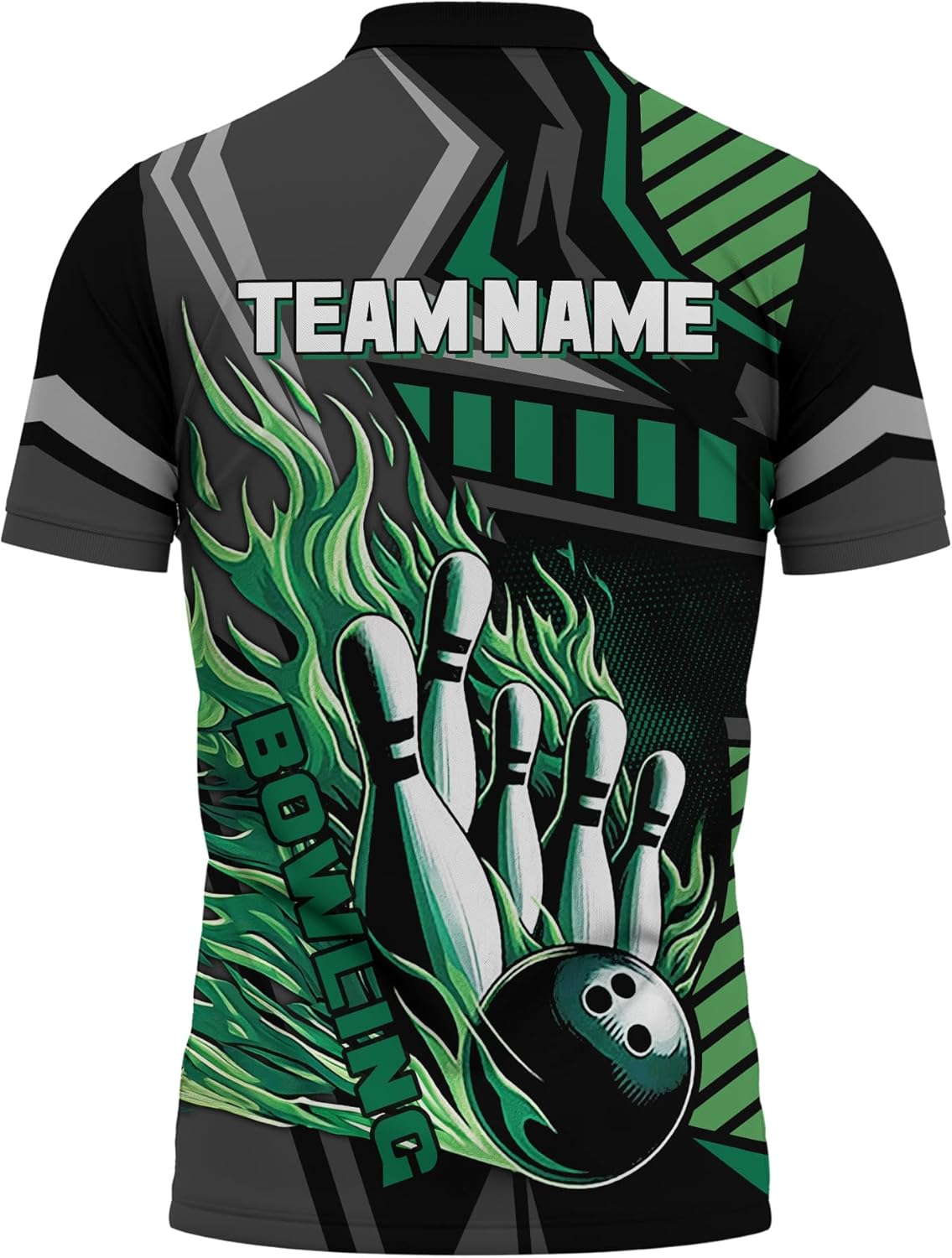 Custom Bowling Polo Shirt 3D Collared Shirt with Green Bowling Strike Flame Graphic On it for Bowling Player
