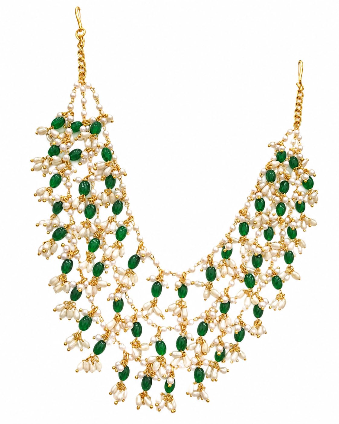 Gold Plated Brass Green Stone & White Pearl Bridal Hair Chain for Women | Traditional Head Jewellery Hair Accessory for Weddings, Festivals, Parties & Office Wear | Elegant Hair Ornament for Girls & Ladies | Birthday, Anniversary & Bridal Gift-image-27