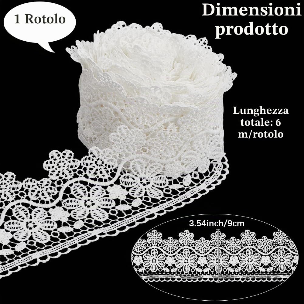 GORGECRAFT Nastro in Pizzo Ricamato con Fiori Bianchi da 6m*8.5cm Pizzo Veneziano Artigianato da Cucito Floreale Rotolo di Nastro in Pizzo con Bordo all'Uncinetto per Artigianato da Sposa Bouquet