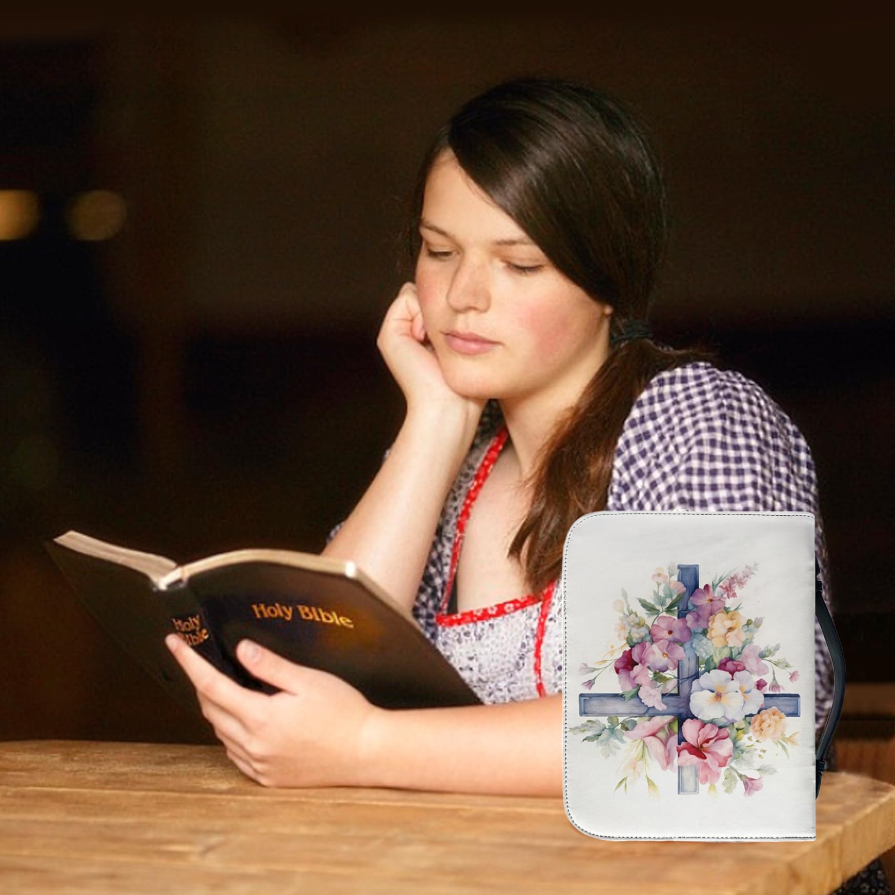 Cubierta bíblica, Floral con Tapa de la Biblia con Estampado Cruzado con Mango PU Cuero con Cremallera Biblia Biblia Impermeable Estuche de Transporte de Biblia Vintage