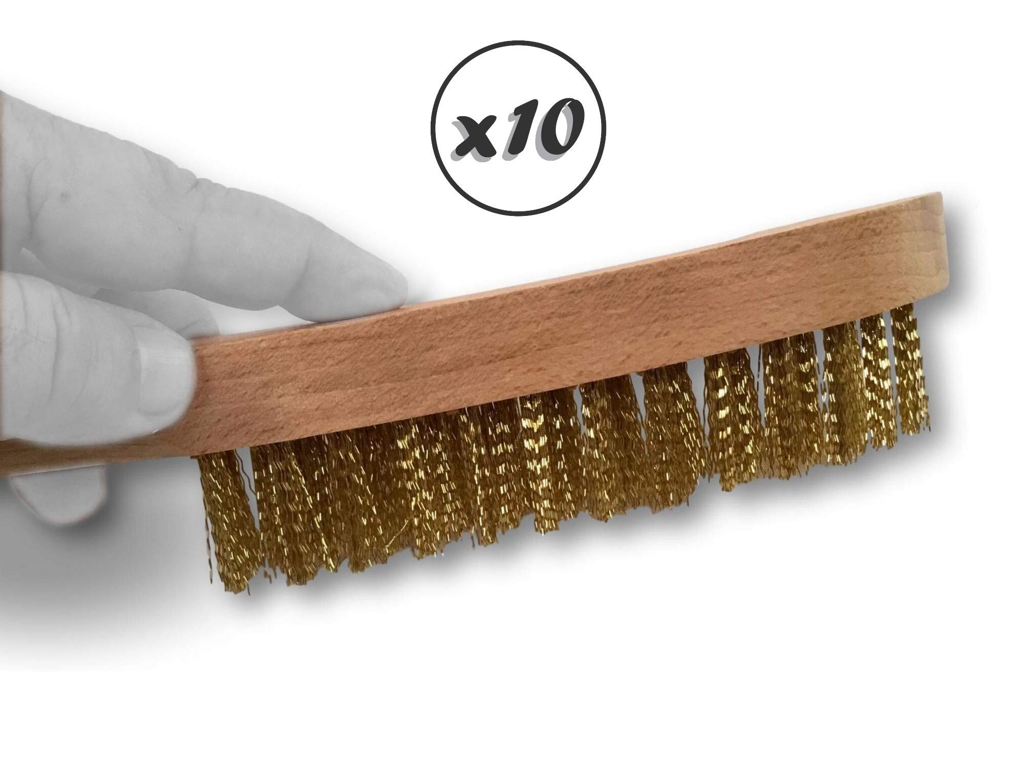 Standardowa szczotka druciana do spawania ręcznego | Zestaw 10 | 4-rzędowy mosiężny drut falisty 30 mm | Drewniany uchwyt | Szczotkowanie usuwanie rdzy | Kibros 32L4x10