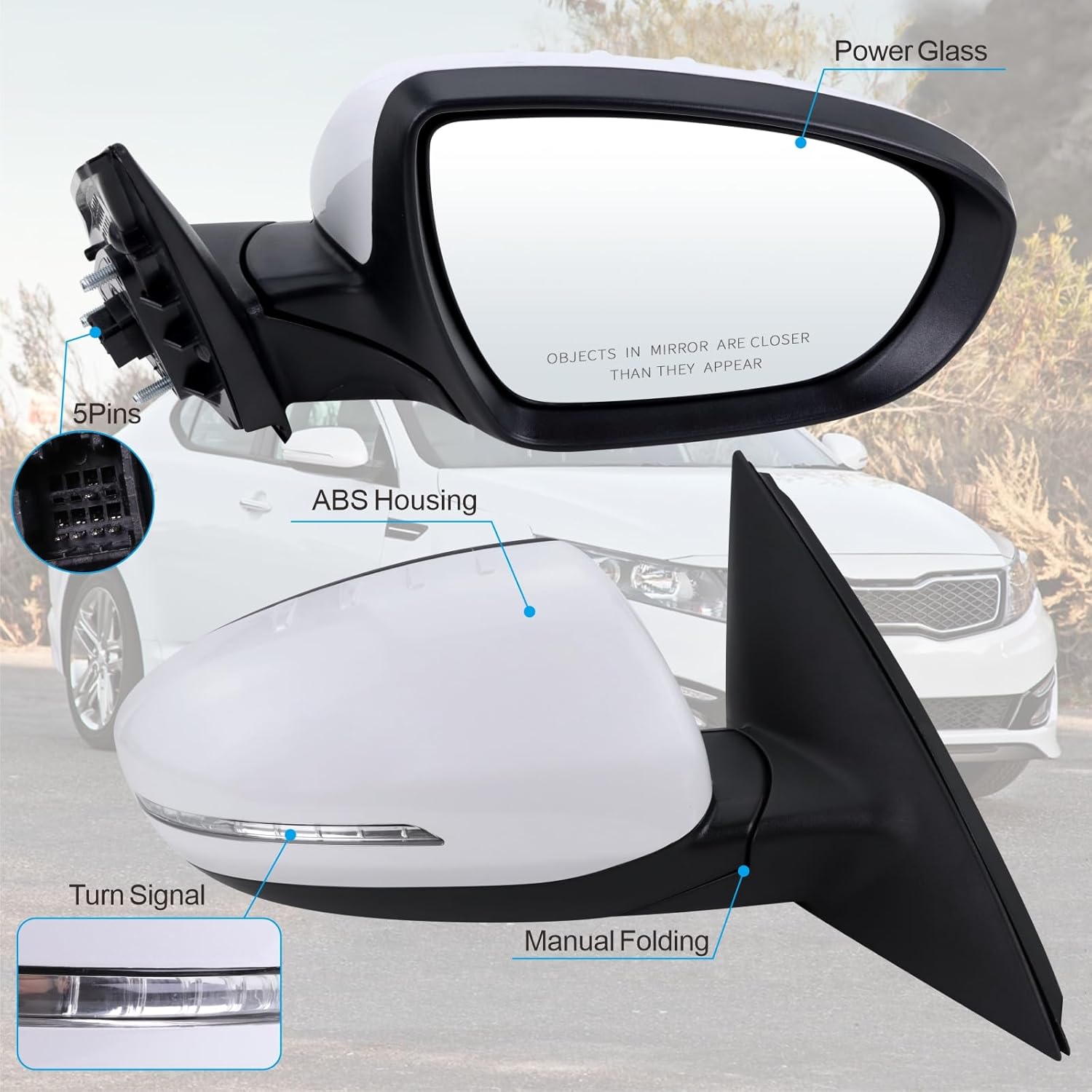 Right Passenger Side Mirror Compatible With 2011 2012 2013 Kia Optima With Manual Folding Power Glass Turn Signal White Replace#876202T110(5Pins)