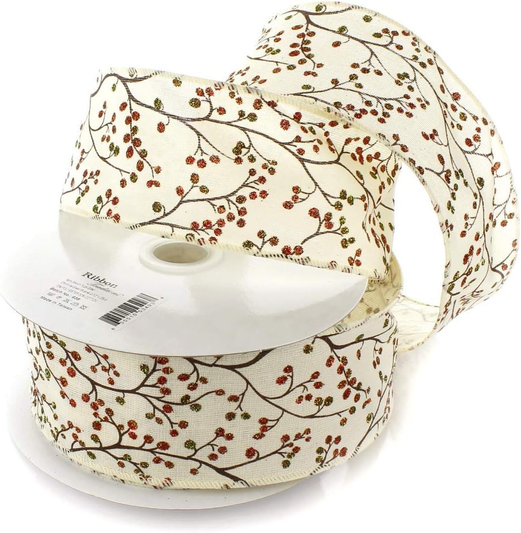 Berry Branch Twigs Glitter Off- White Wired Ribbon 2 1/2" by 25 Yards