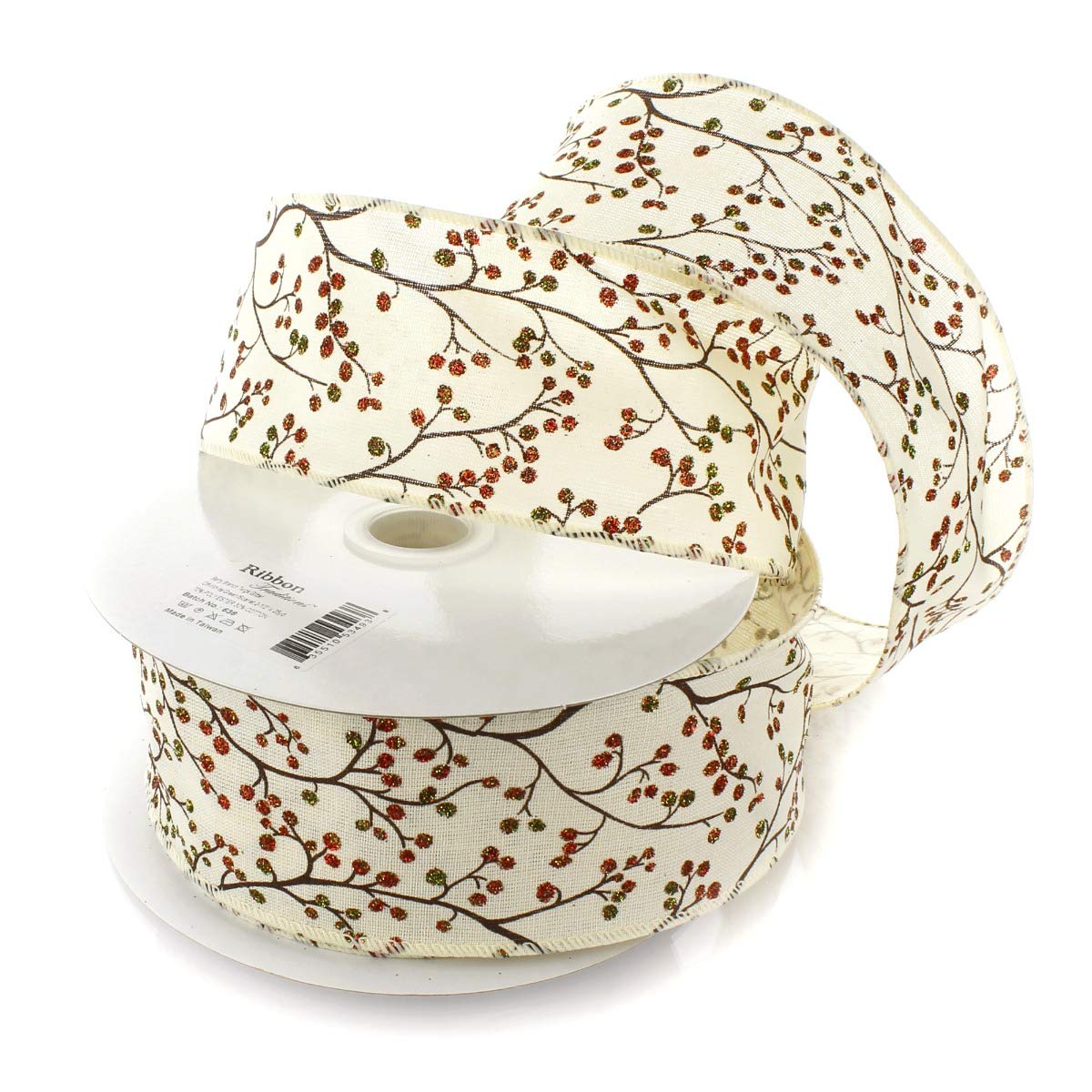 Ribbon Traditions Berry Branch Twigs Glitter Off- White Wired Ribbon 2 1/2" by 10 Yards