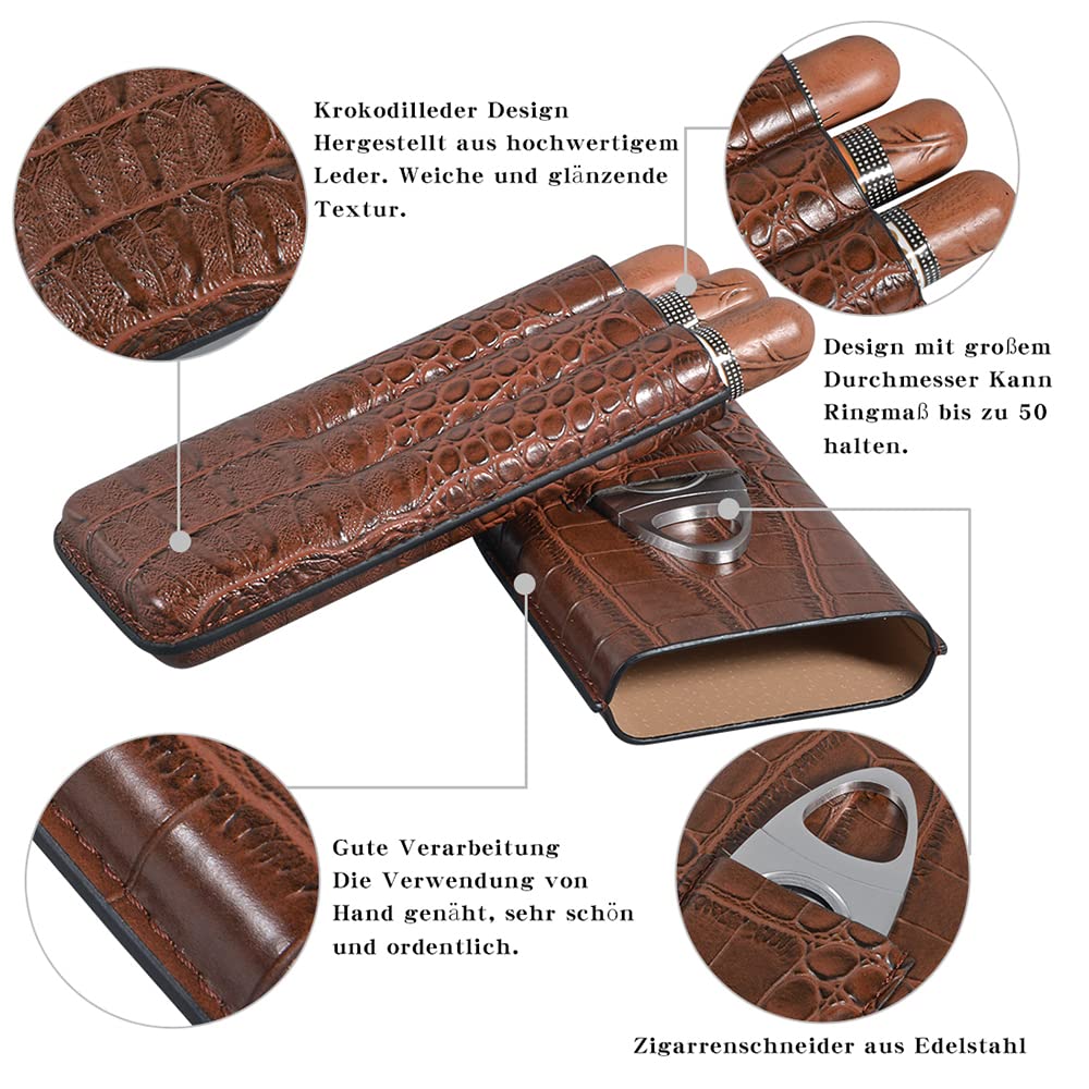 Etui na cygara, 3 tubki humidor z krajalnicą do cygar, przenośny humidor podróżny, cygara ze skóry krokodyli, wspaniały prezent dla mężczyzn (brązowy)