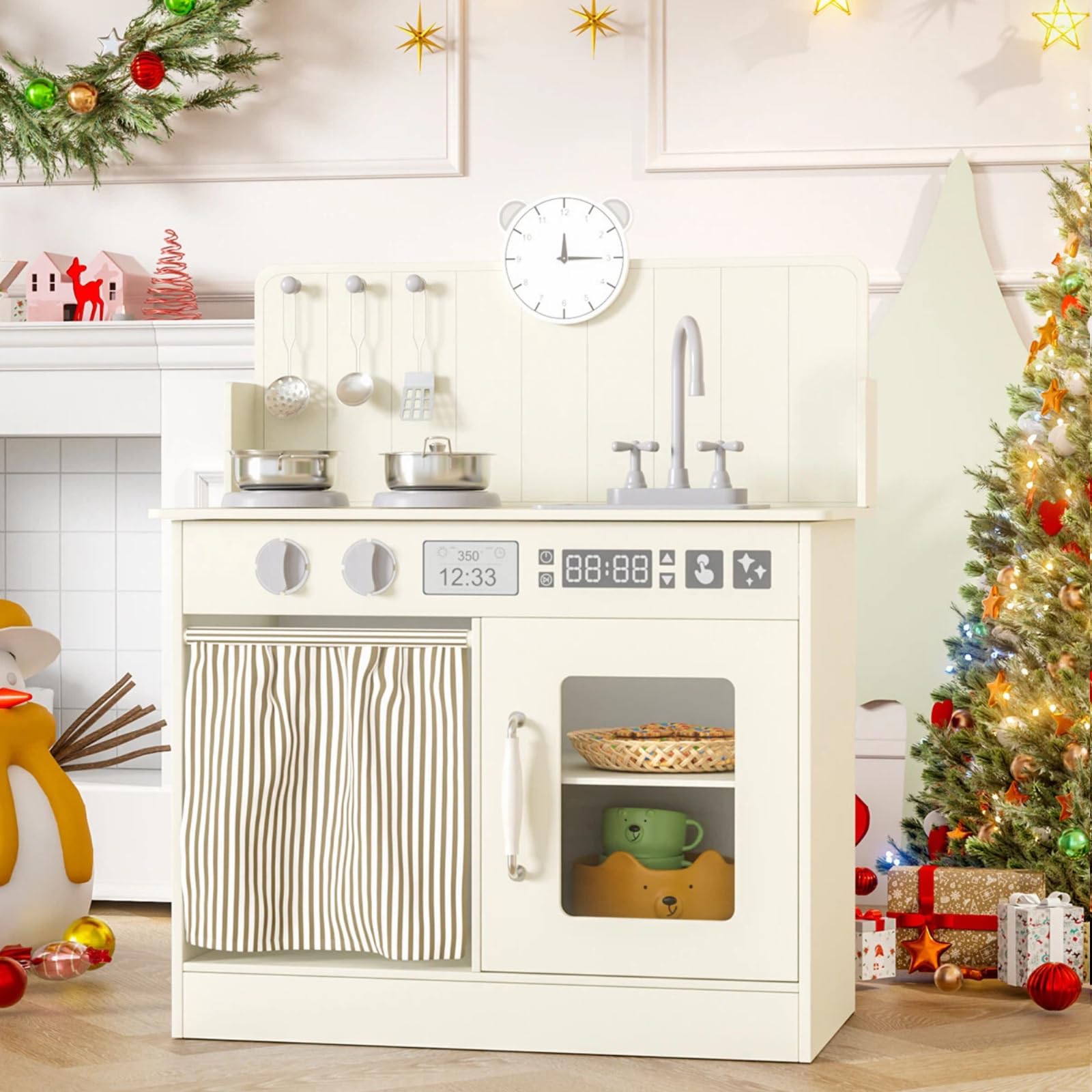 MAMIZO Wooden Play Kitchen for Kids, Toy Kitchen with Ample Storage, Interactive Kids Kitchen with 5 Pcs Cookware, Simulated Gas Cooker, Clicking Knobs, Faucet, Educational Clock for Ages 3+ (Cream)