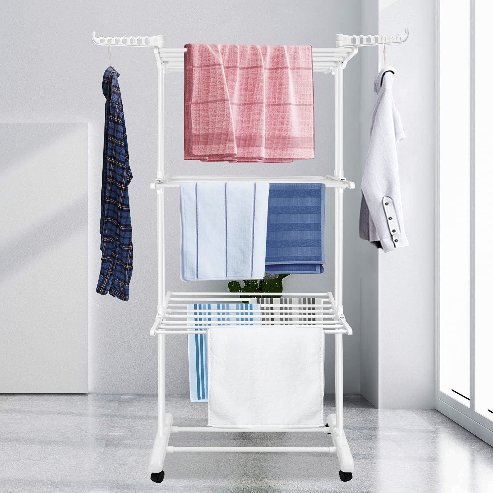 Photo 1 of innotic Clothes Drying Rack, Stainless Steel Oversized 4-Tier Collapsible Rolling Drying Rack Clothing Folding Laundry Drying Rack Stand Indoor/Outdoor with Side Wings and Casters(White)