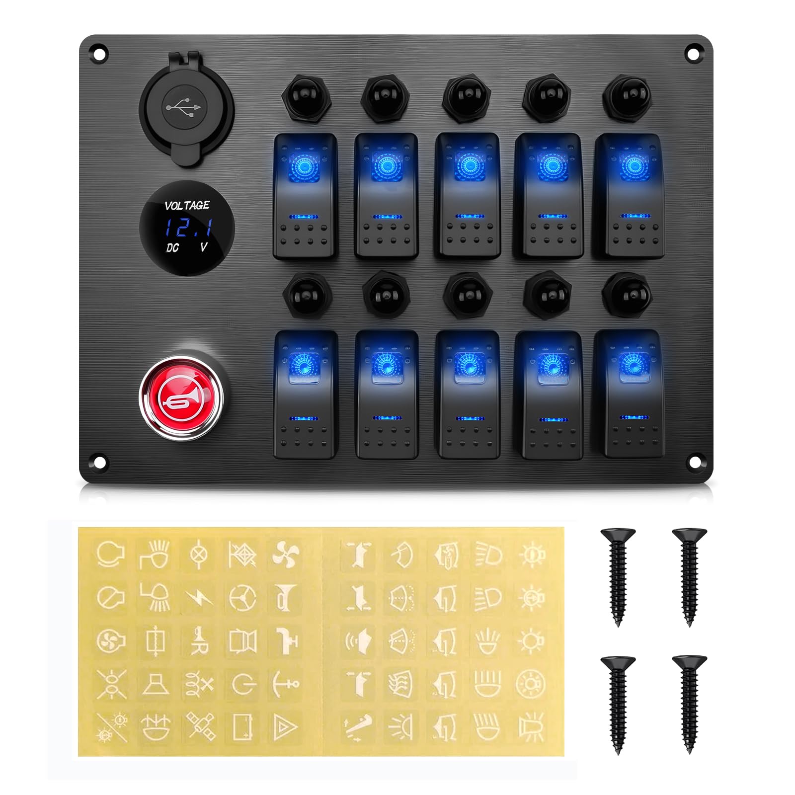 Geloo 10 Gang Panel de interruptores, IP65 Impermeables 12 V/24 V Interruptor de Palanca con Disyuntores y Botón de Bocina para Automóviles, Barcos, Autocaravanas y Camiones
