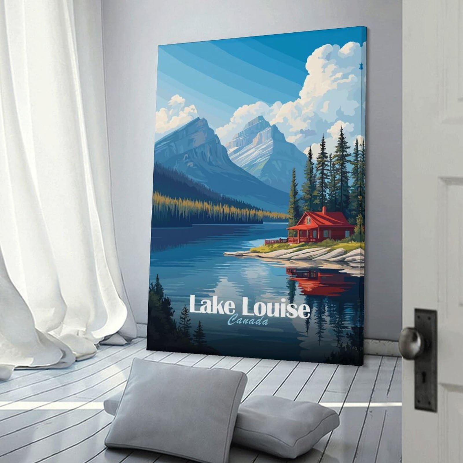 Junmoney Lake Louise Cabin Canvas Wall Art 24x36inch(60x90cm), for Wall Displays, Bedrooms Or Room Updates, Ideal for Building A Coordinated Art Wall