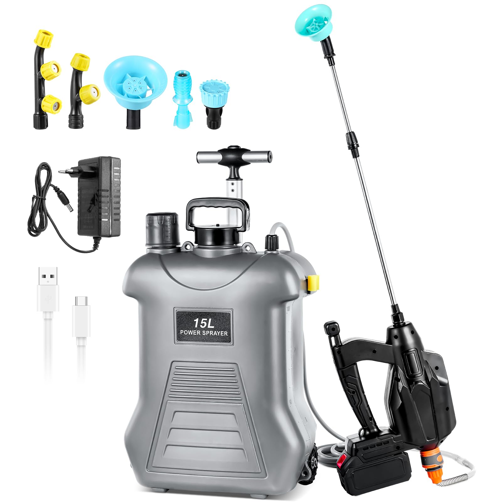 Viugreum 16L Pulverizador de Mochila Eléctrico, 21V Pulverizador de Jardín Eléctrico con 7 Boquillas de Nebulización, Lanza Telescópica y Correa Ajustable para Riego, Irrigación y Mantenimiento — view 9