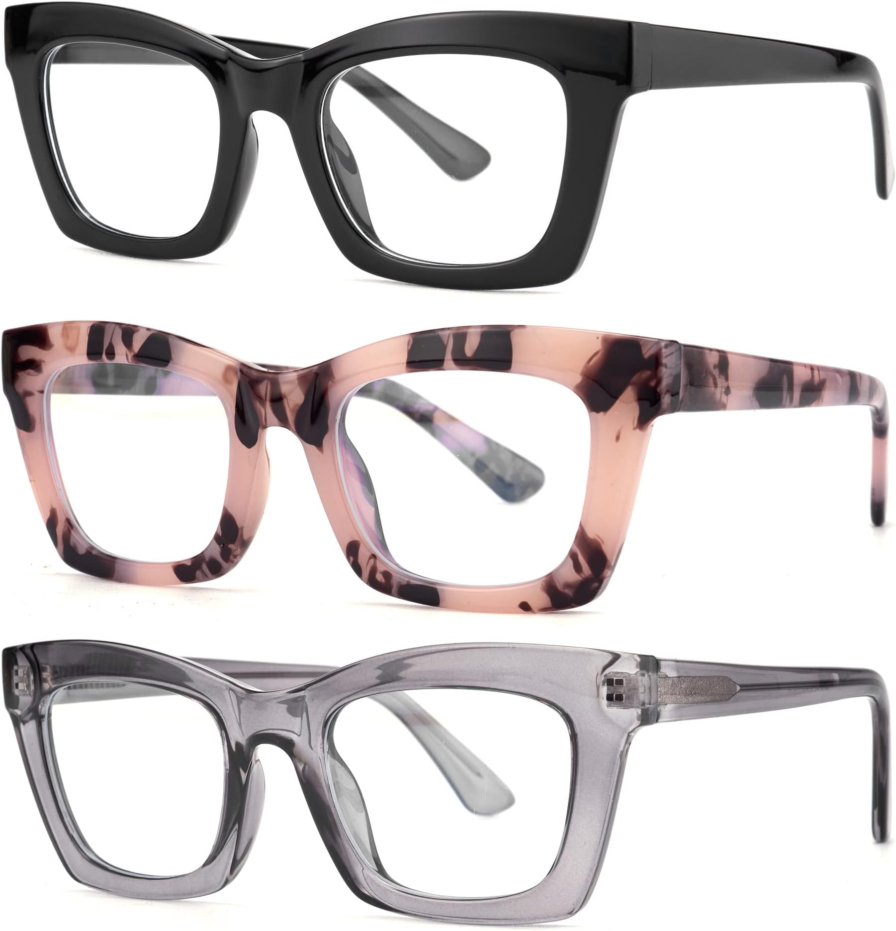 bullabulling 3 pack Oprah style Spring hinge Readers Blue Light Blocking Computer Square Reading Glasses for Women Men