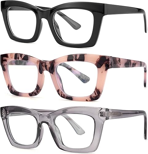 Bullabulling - Paquete de 3 lentes de lectura, diseño cuadrado con bisagras de resorte, estilo Oprah, con bloqueo de luz azul, para mujeres y hombres