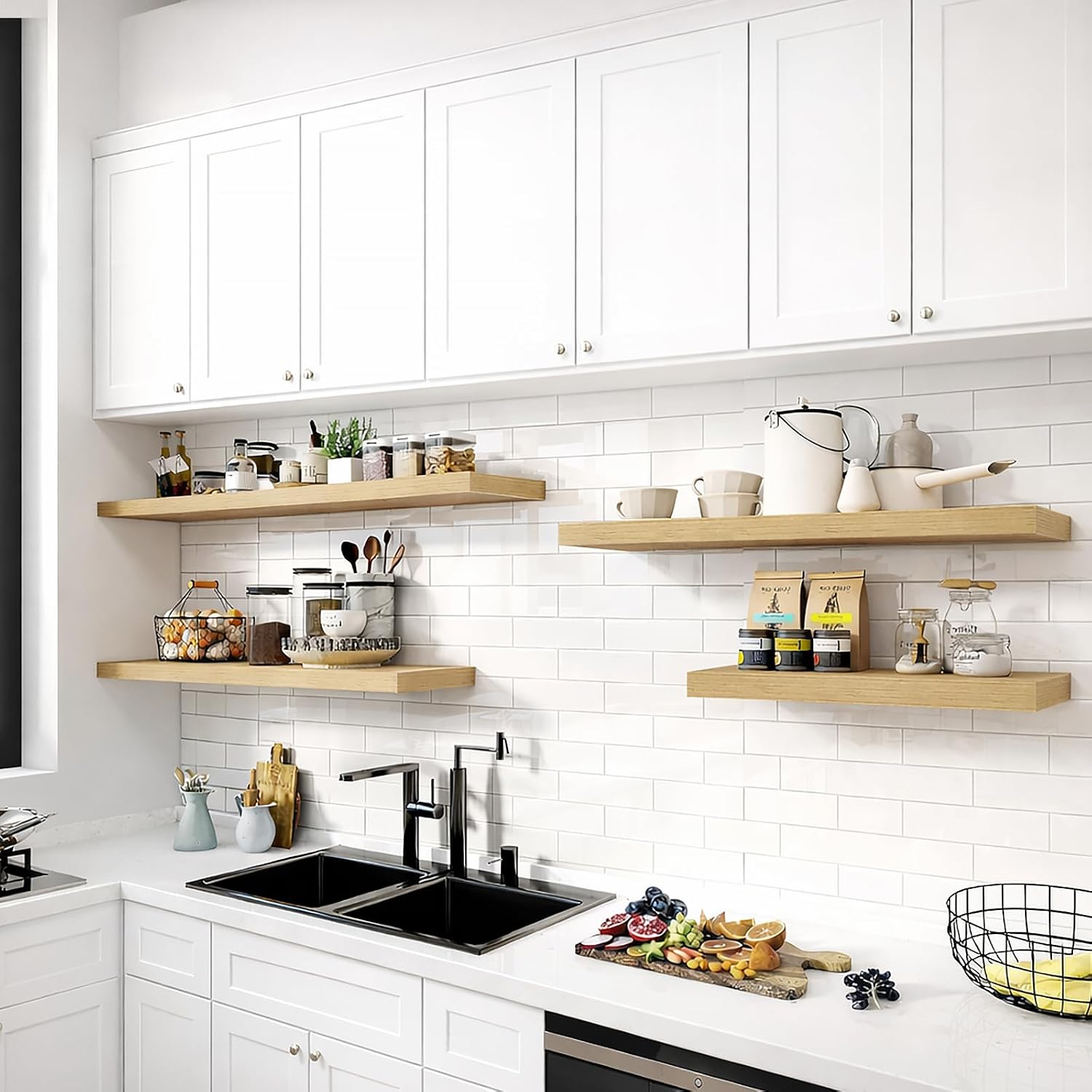 36" Floating Shelf, 3-Inch Thick Wood Wall Mounted Shelf with Invisible Brackets, Wide Display Shelf for Kitchen, Living Room, Home Office (Oak Veneer, 36" W × 3" H × 12" D)