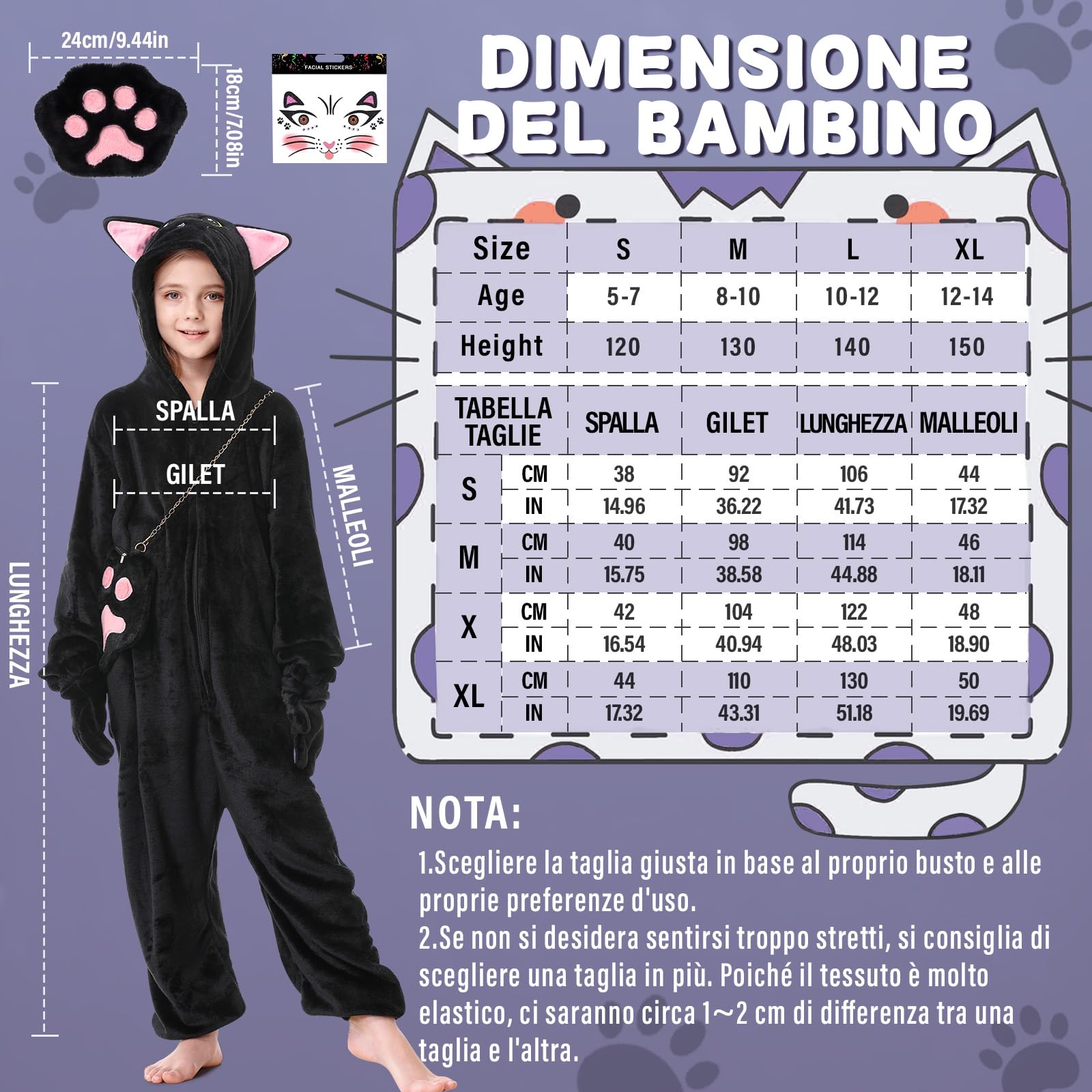 LumenVela Costume Gatto Bambina, Vestito Gatto Bambino con Borsa a Tracolla, Adesivi, Pigiama Intero Vestito Halloween Bambina Costume Carnevale Gatto per Halloween, Carnevale, Cosplay, Feste