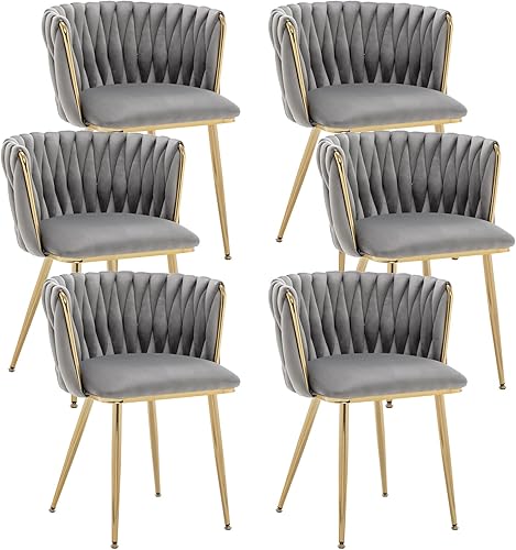 Miniatura 21 de Kiztir Juego de 4 sillas de comedor de terciopelo modernas tapizadas con respaldo tejido y patas de metal dorado para sala de estar, dormitorio,