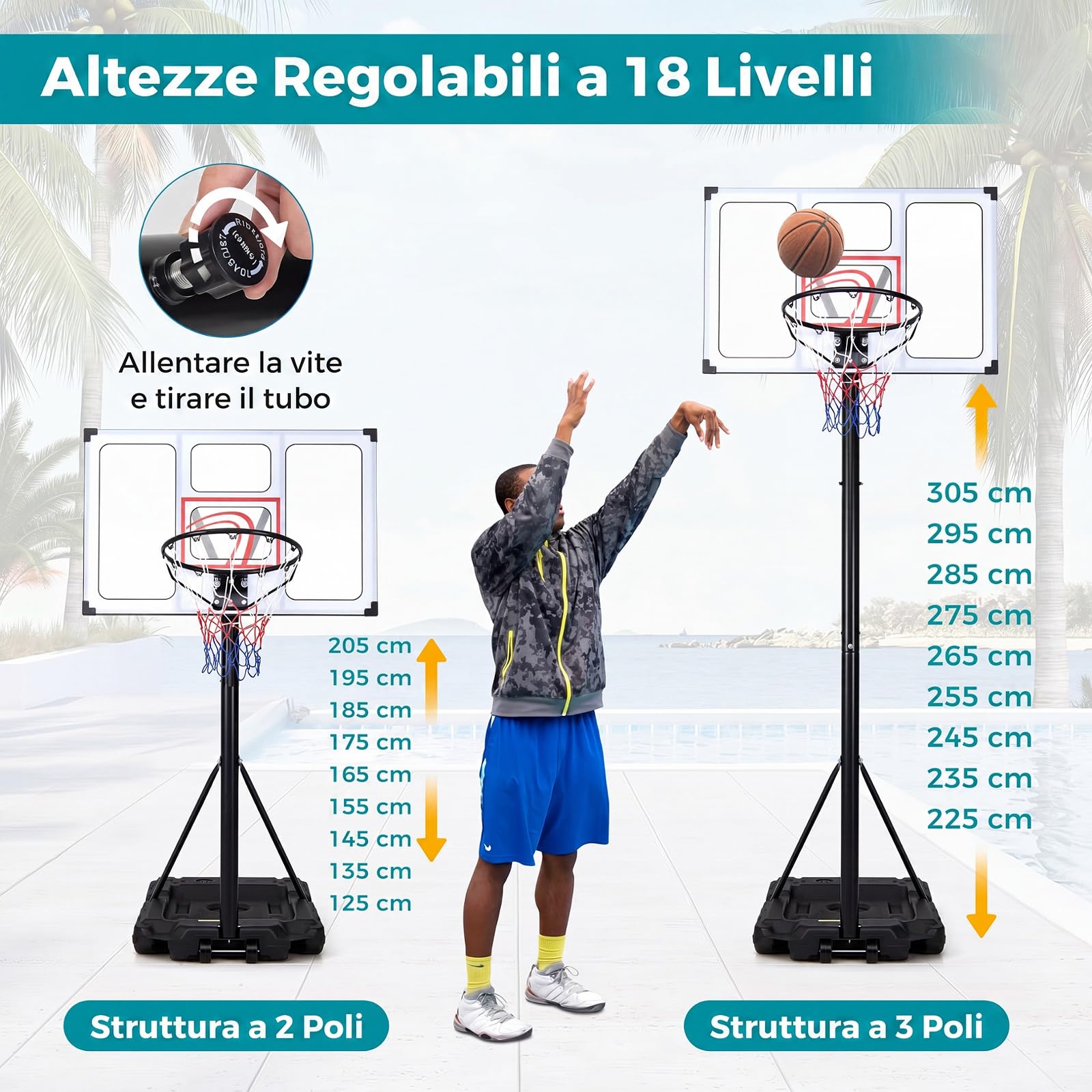 COSTWAY Canestro da Basket da Esterno ed Interno 305 cm | Canestro Basket Professionale e Regolabile in 16 Altezze, Portatile con Ruote, Tabellone PC Infrangibile e Base Riempibile