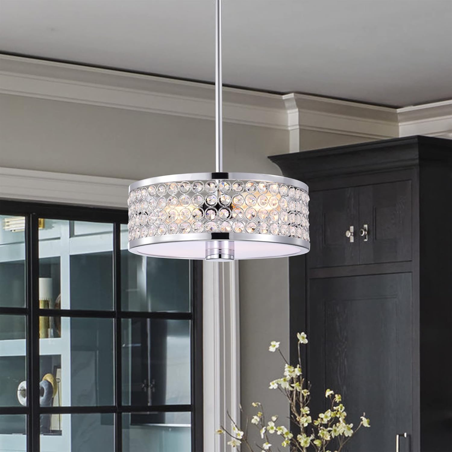 Warehouse of Tiffany Eudocia 13 Inch Modern Drum Crystal Ceiling Lighted Pendant Chandelier Chrome Finish 2-Light