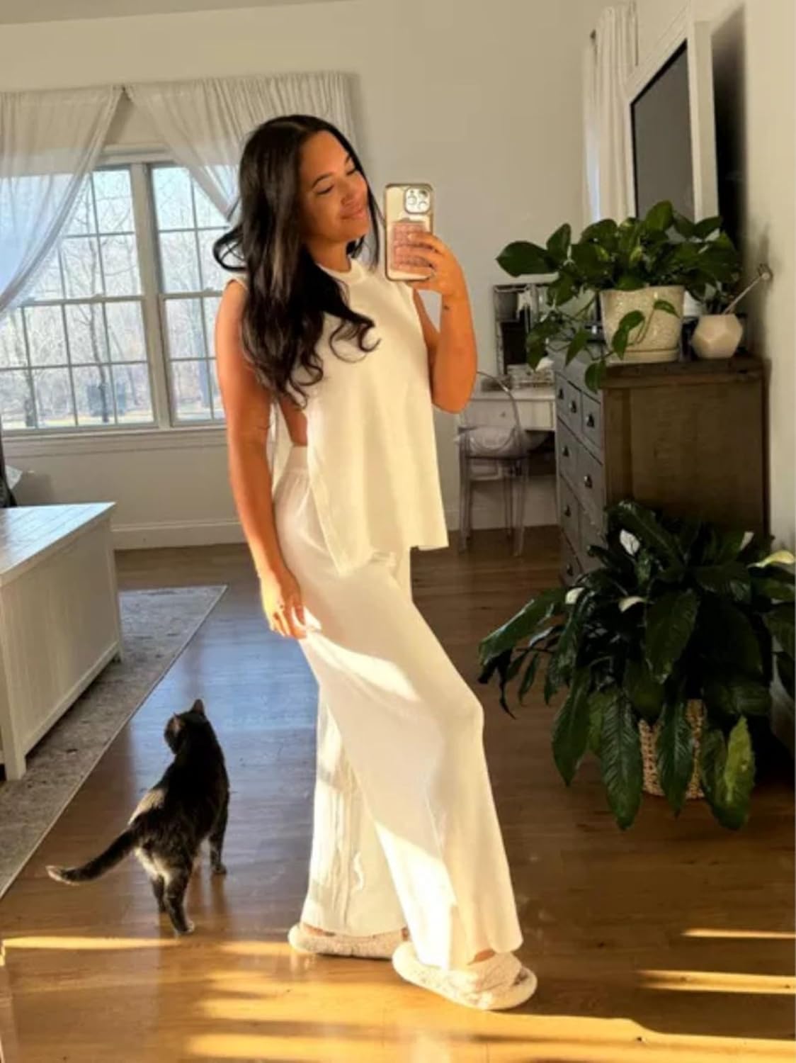 Lviefent Womens 2 Piece Outfits Sweater Set Sleeveless Side Slit Pullover Top Knit Wide Leg Pants Lounge Matching Sets - Image 2