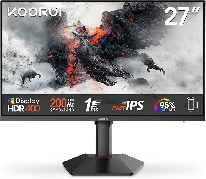 KOORUI G2722P Monitor Gaming 27 Pulgadas, 200Hz, Fast IPS, 1ms, Altura Ajustable, QHD (2560x1440, 2xHDMI 2.0, DP 1.4, VESA, Adaptive Sync, 10Bit, HDR400, 95% DCI-P3)