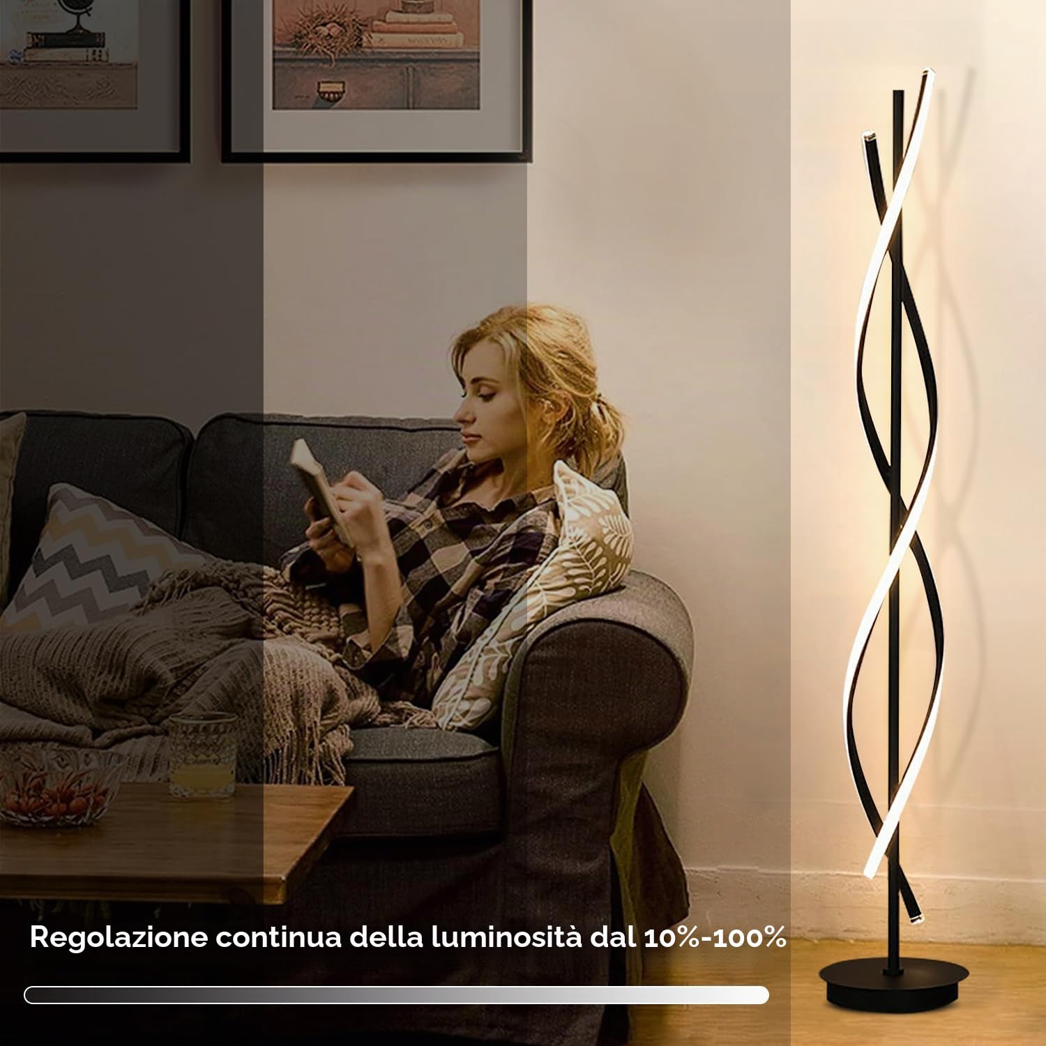 Lampada Da Terra LED Dimmerabile, 52W Piantana Lampada Da Terra Salotto, Moderna Lampada Da Pavimento Con Telecomando, 155cm Spirale Lampada Soggiorno Per Lettura, Camera Da Letto, Ufficio (BLACK)