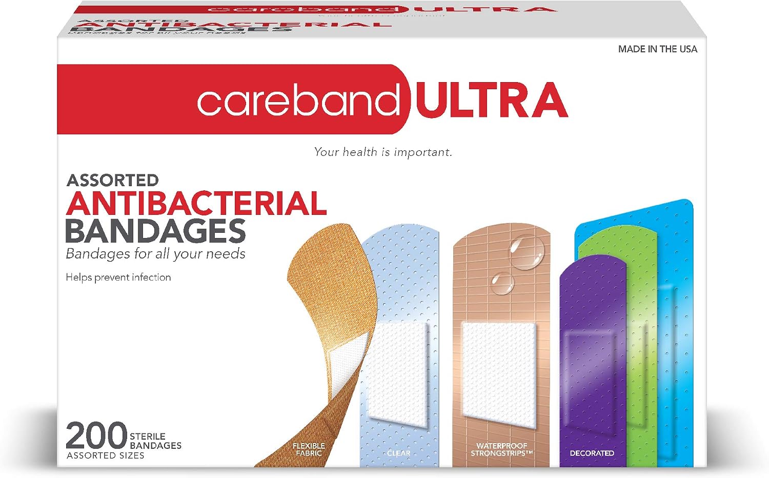 Careband Ultra 62947 Assorted Anti-Bacterial Bandages, Pack of 200