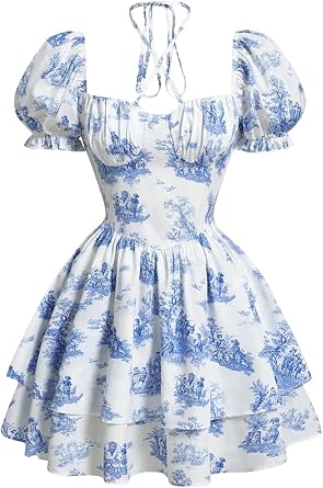 Floerns Womens Easter Spring Summer Cute Garden Party Birthday Travel Floral Layered Ruffle Halter Dress Puff Sleeve Flared Short Dresses 2026