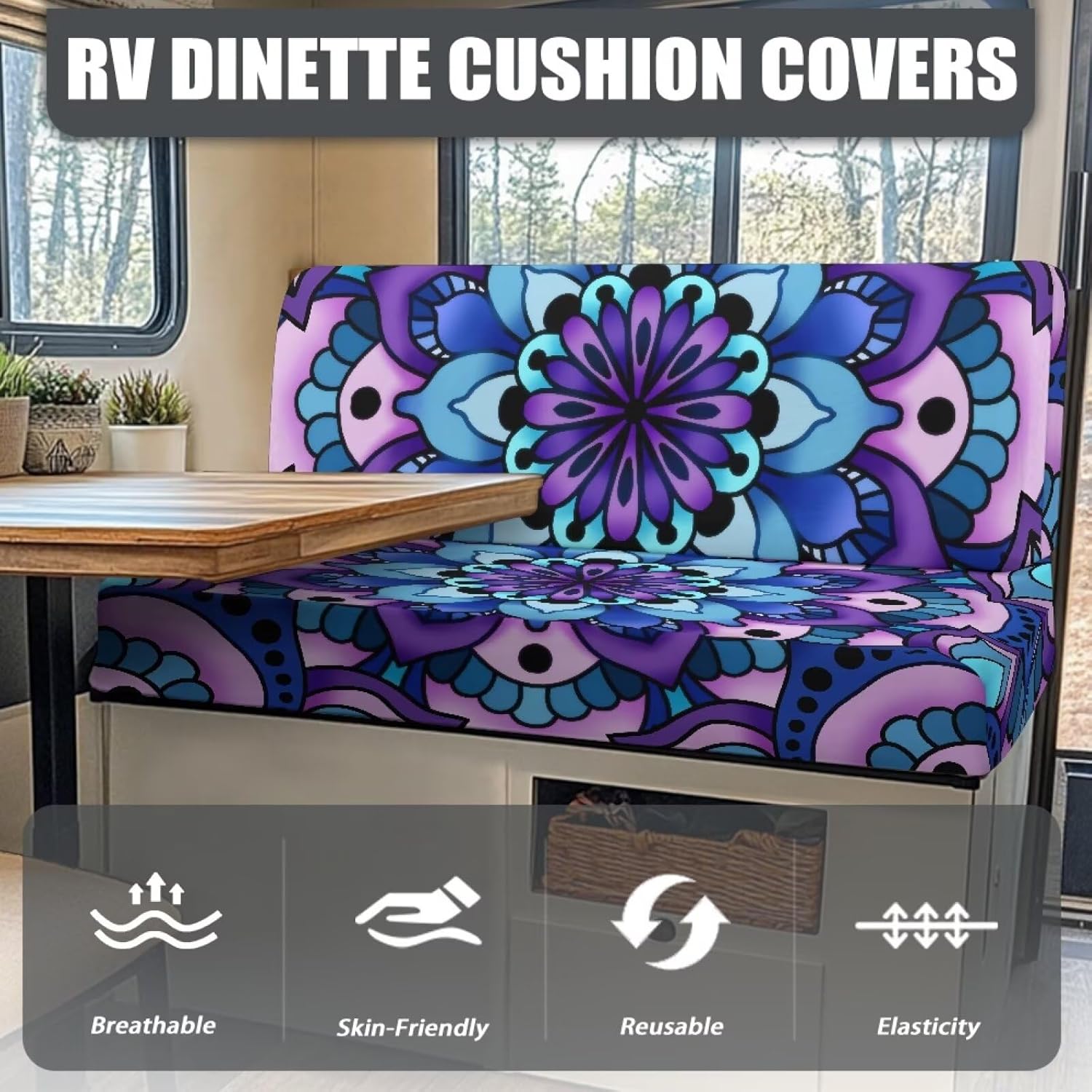 Boho Floral Camper Cushion Slipcovers Purple RV Dinette Cushion Covers Set of 2 Universal Seat Covers Ethnic Style Bench Protect Washable Anti Slip Stretch Fabric Booth Set