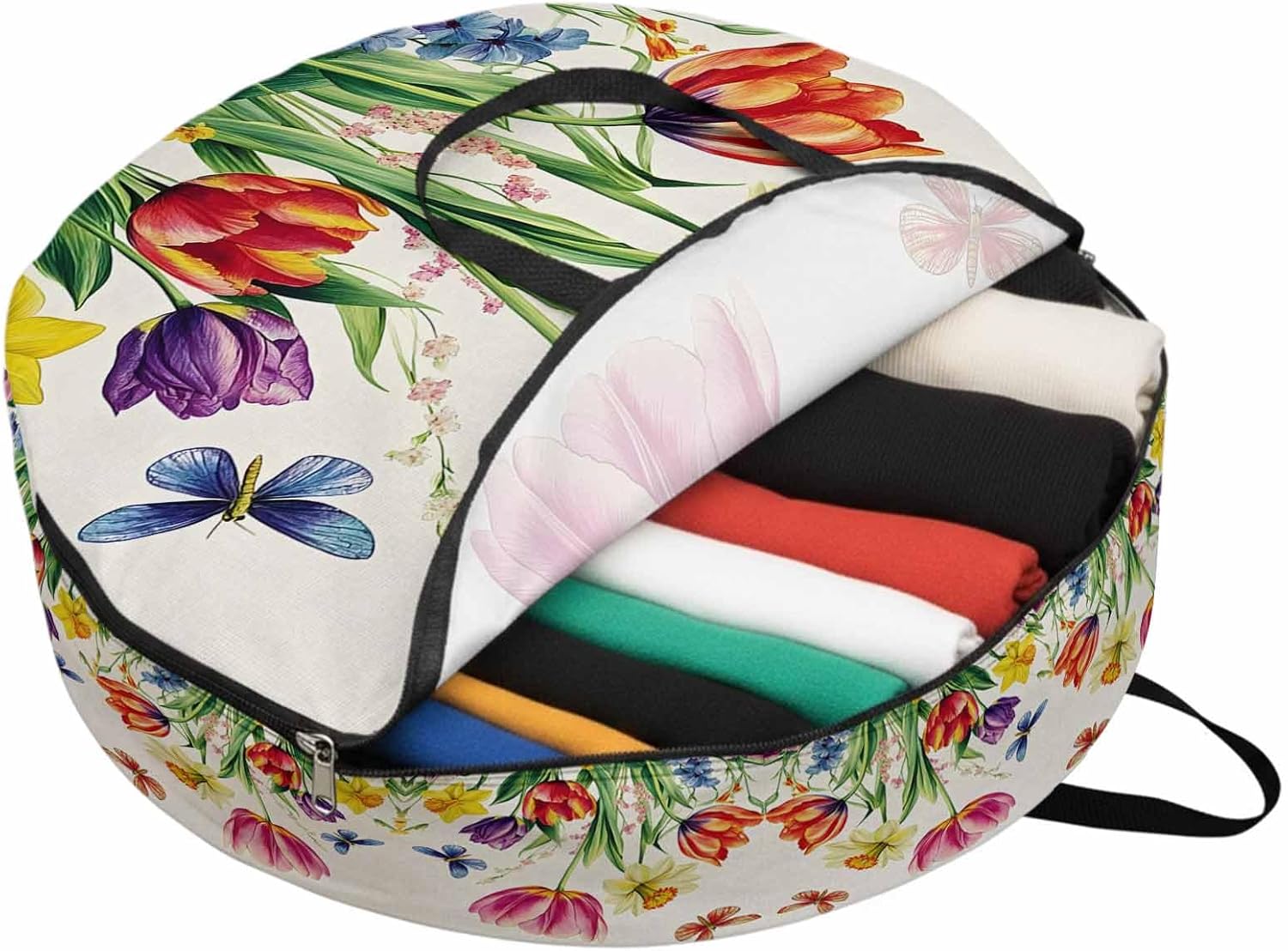 Tulips Dragonfly Round Storage Bag 36 Inch, Spring Floral Plant Pastoral Vintage Clothes Storage Container with Handles Heavy Duty Organizer for Comforter, Bedding & Holiday Wreaths
