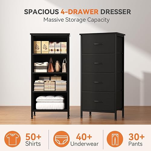 Miniatura 4 de Sweetcrispy Cómoda pequeña de 4 cajones de tela, mesita de noche con marco resistente superior de madera, armario de entrada, armario, dormitorio