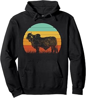 Retro Sunset Cow Farmer Brahman Cattle Pullover Hoodie