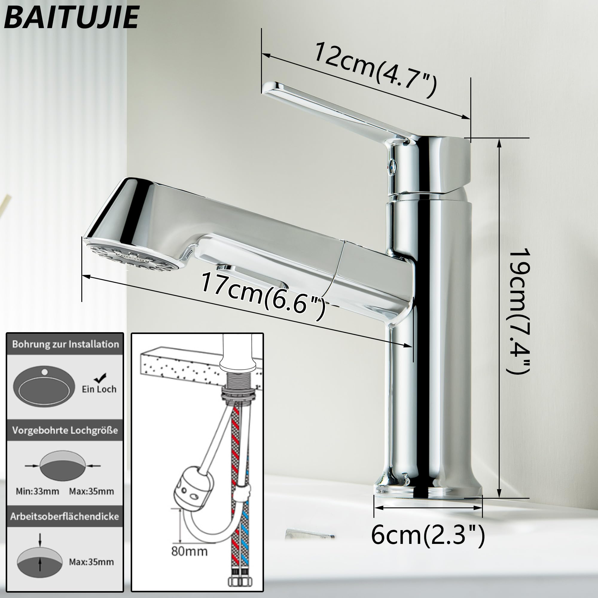 Waschtischarmatur ausziehbar mit Brause, Moderne Wasserhahn Bad Armatur mit 2 Strahlarten, Badarmatur Waschbecken Einhebelmischer für Badezimmer, Chrom