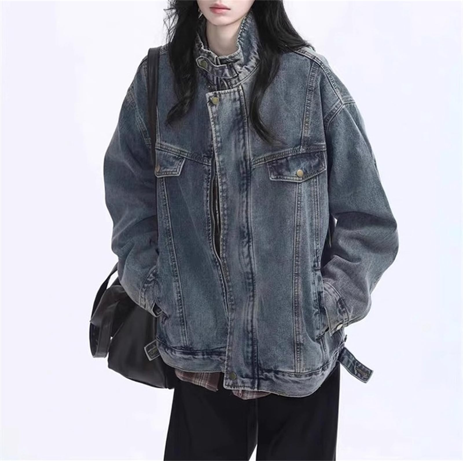 Chaqueta de mezclilla con cremallera para mujer, estilo vintage, estilo callejero, estilo camionero