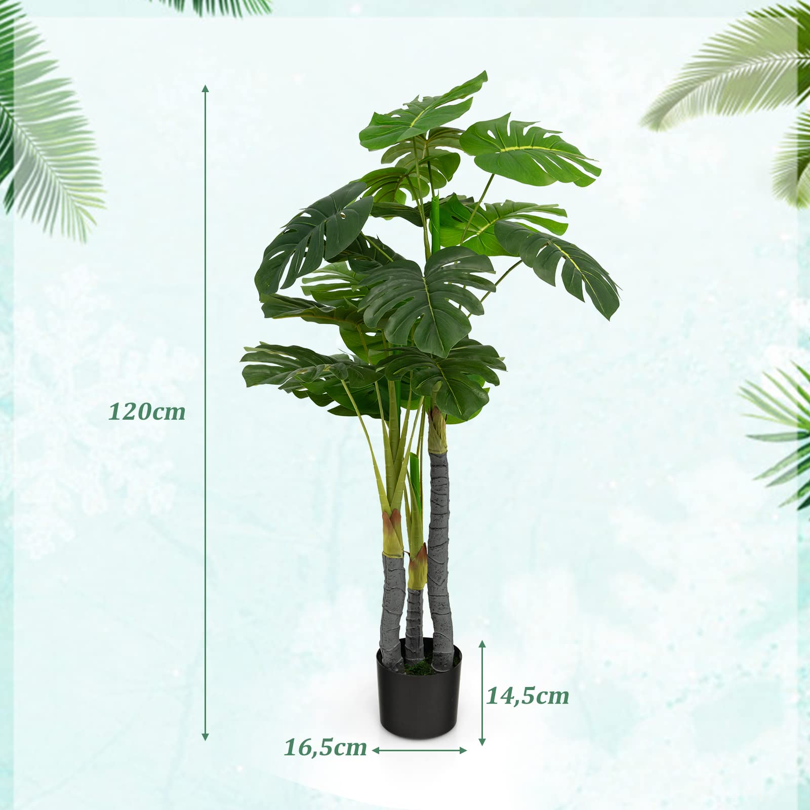 GOPLUS Sztuczne drzewko monstera o wysokości 120 cm, sztuczna roślina Monstera Deliciosa z 20 dużymi liśćmi, 3 pniami i realistycznym mchem, zawsze zielona sztuczna roślina z doniczką do wewnątrz i na zewnątrz