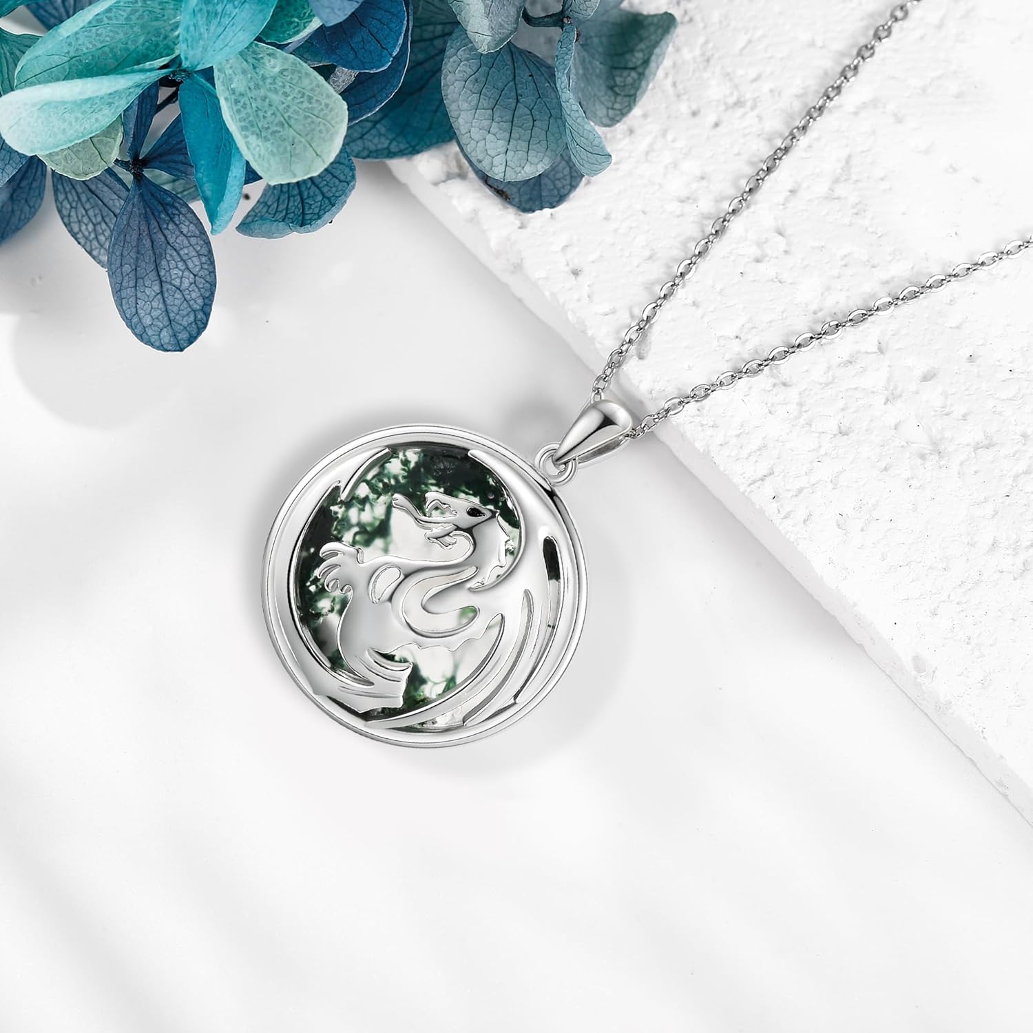 MONGAS Dragon Necklace Sterling Silver Dragon Pendant Simulated Moss Agate Necklace Christmas Jewelry Gifts for Women - Image 4