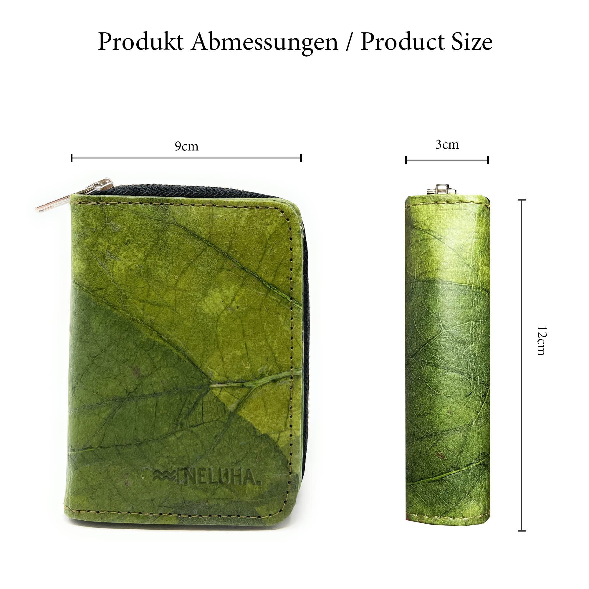 Portafoglio in foglie di teak, un'alternativa in pelle vegana e sostenibile, portafogli con molti scomparti apribili con chiusura lampo, verde, 12x9x3cm, Casual