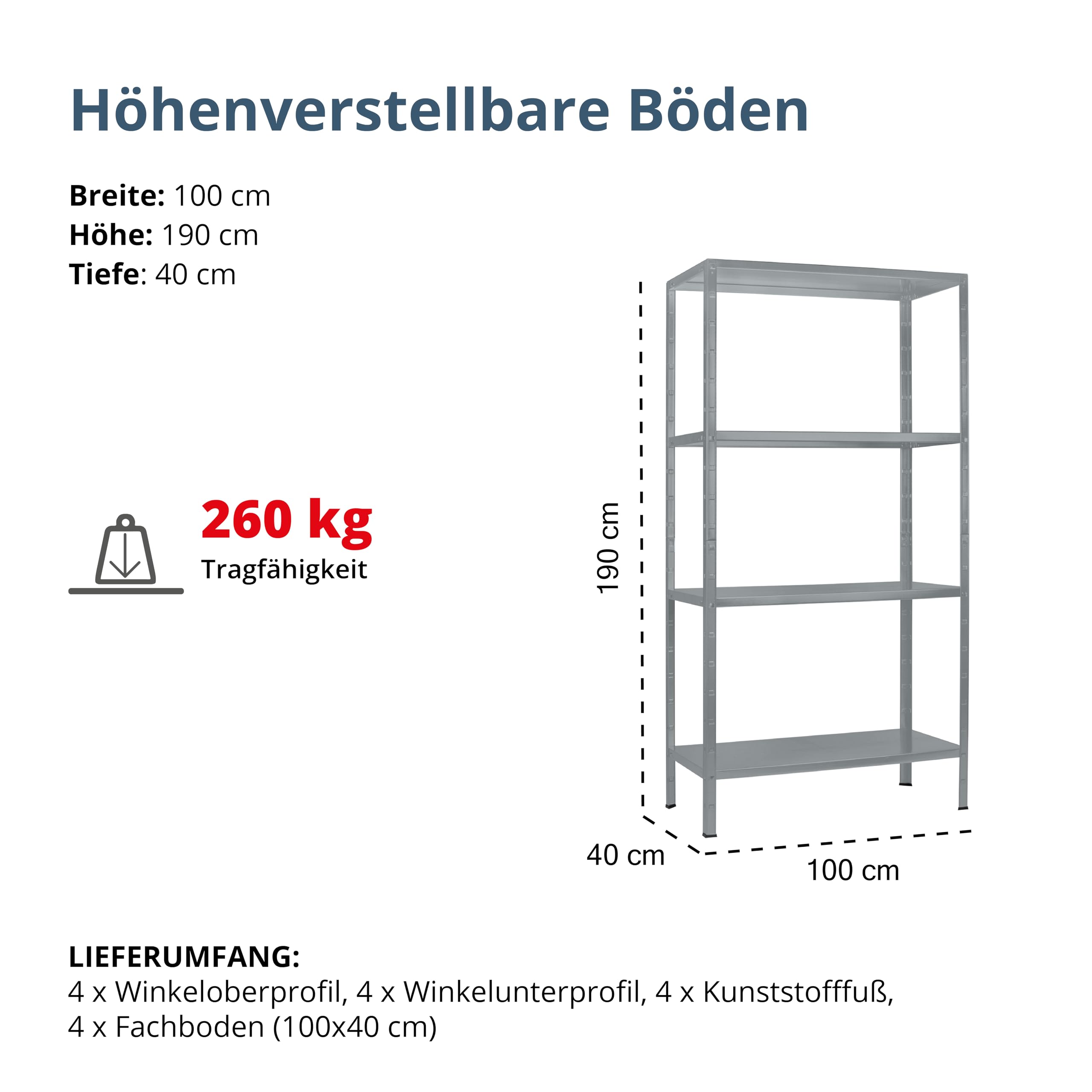 SCHULTE Regalwelt Steckregal mit 4 PowerMAX Fachböden, 65 kg Tragkraft, 190x100x40 cm (HxBxT), Granit-Struktur, Lagerregal, Werkstattregal, Kellerregal, Garagenregal, Metallregal