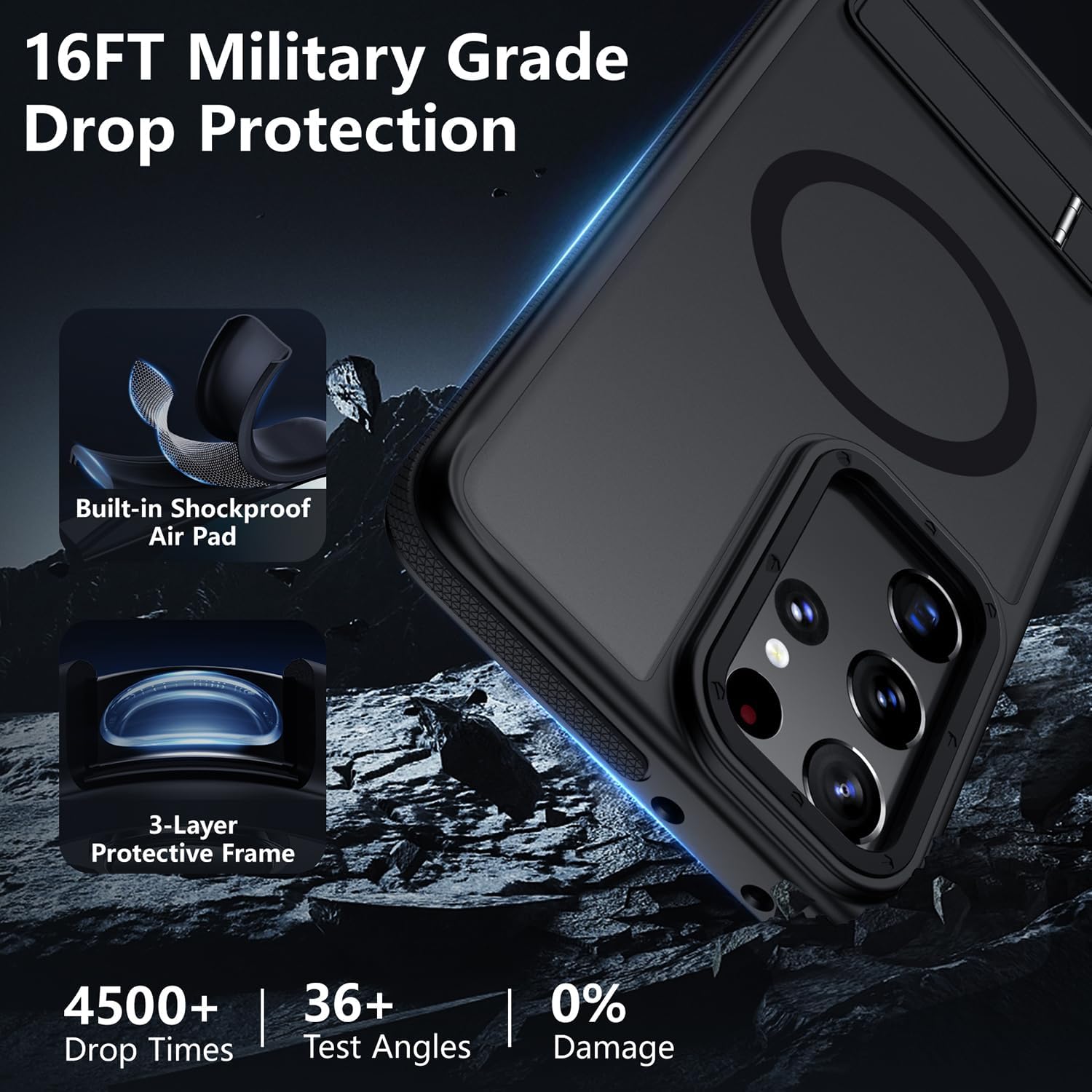 for Samsung Galaxy S21 Ultra Case, [Compatible with MagSafe], Adjustable Kickstand,Military Grade Drop Tested, Translucent Matte Phone Case for Galaxy S21 Ultra Case (Black)