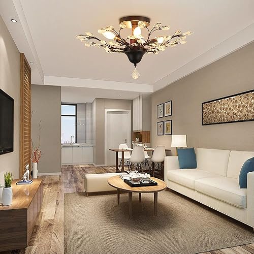 Miniatura 9 de TFCFL Candelabro vintage grande de ramas de cristal, moderna lámpara de techo semiempotrada con 4 luces E12 40W lámpara de techo de cristal de