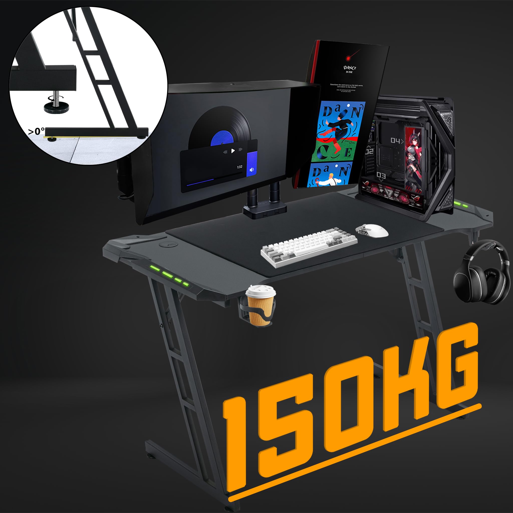 ACXIN Mesa de juegos con LED, 140 x 60 cm, ergonómica, en forma de Z, con gancho para auriculares, soporte para bebidas y aspecto de fibra de carbono, escritorio para videojuegos para PC, portátil y