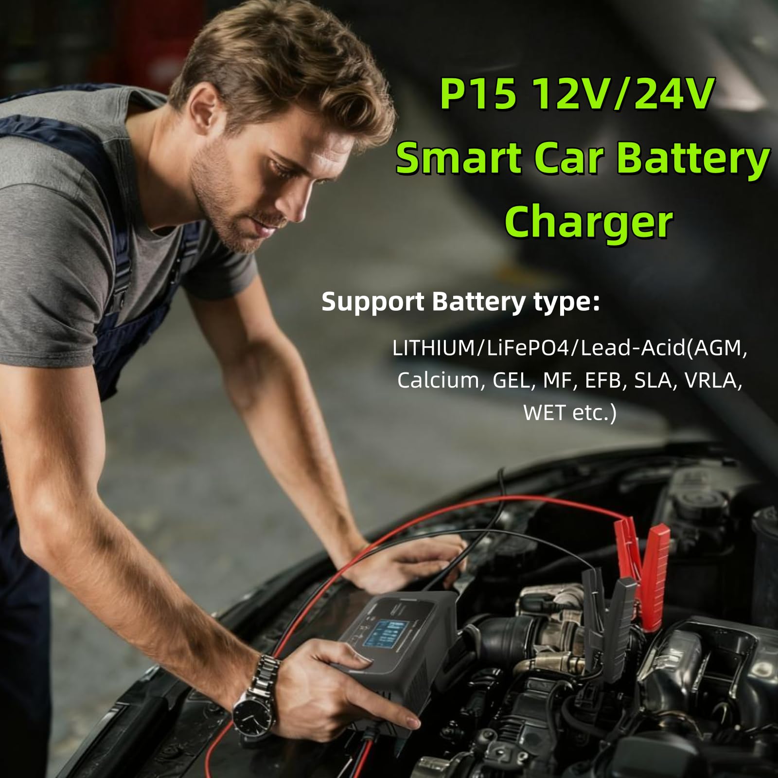 Ładowarka samochodowa P15 12V/24V 15A, inteligentna, podtrzymująca ładowanie, 9-etapowe ładowanie z wyświetlaczem LCD, przełączanie wielu trybów dla akumulatorów kwasowo-ołowiowych AGM litowo-LiFePO4