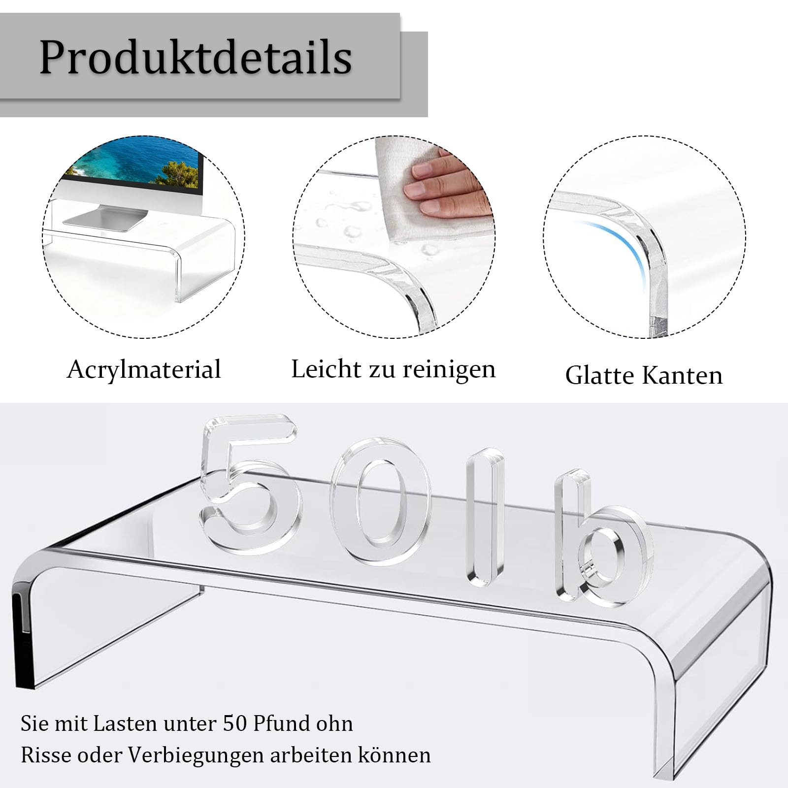 Support D'écran Acrylique Transparent, Rehausseur Ecran PC Bureau, pour Ordinateur Portable, 36 x 19 x 10 cm