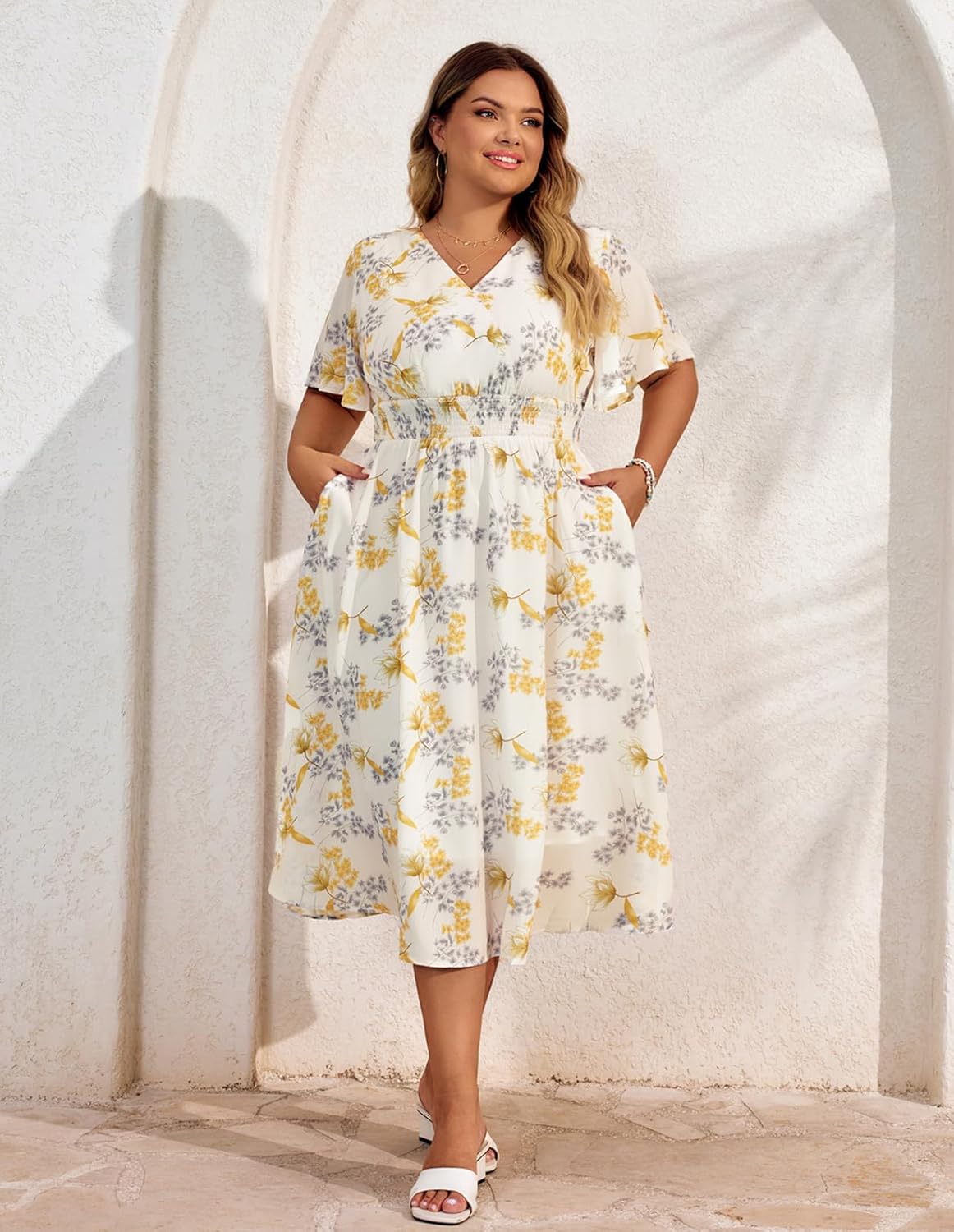Hanna Nikole Women's Plus Size Summer Floral Dress Casual Short Sleeve Sundress Swing A Line Maxi Dresses with Pockets - Image 2