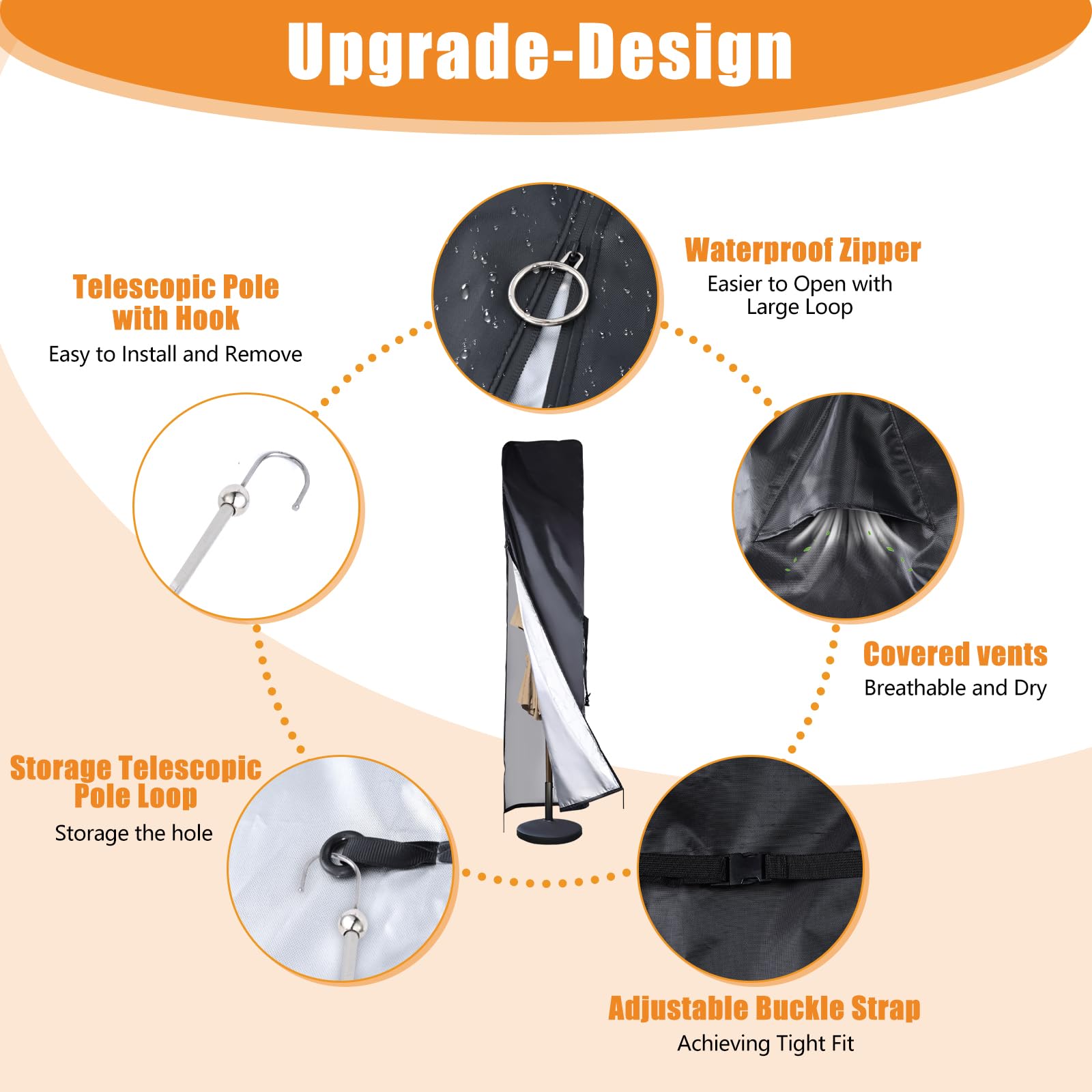 Parasol Umbrella Cover Waterproof for 210 cm/330 cm Cantilever/Offset Market Umbrella,Outdoor Protective Cover for 450 cm Double Parasol,420D Zipper,Top Vent(230 x 52 x 62 cm) - Image 3