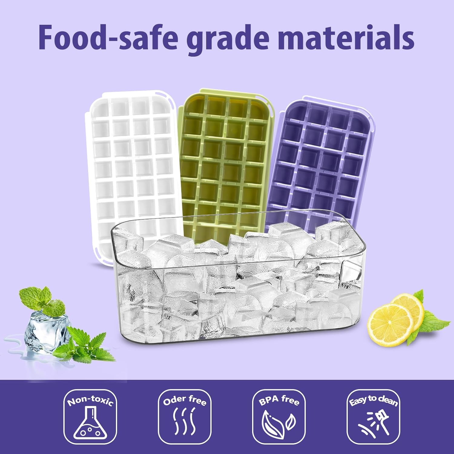 Bac à Glaçons 64 Carrés Qualité Alimentaire Sans BPA Couvercle Libération Rapide Violet