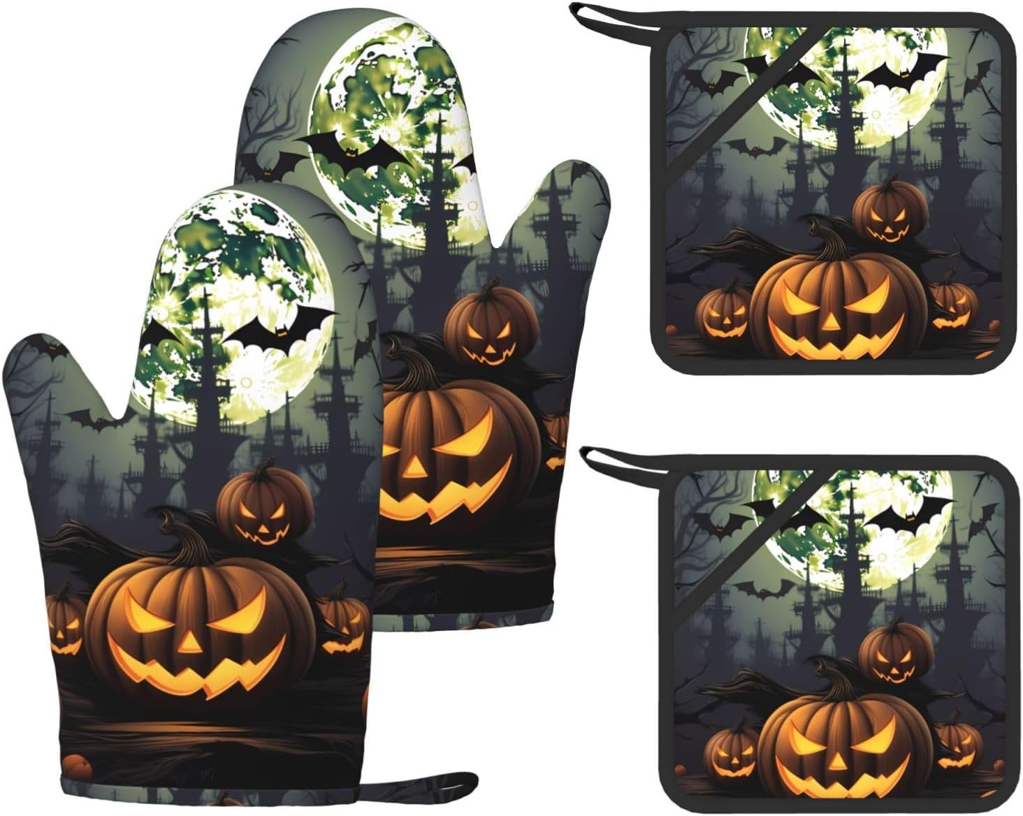 Halloween Moon Bat Pumpkin 4pcs Oven Mitts and Pot Holders Sets for Kitchen, Silicone Oven Gloves Non-Slip Potholders Hot Pads for Baking Cooking