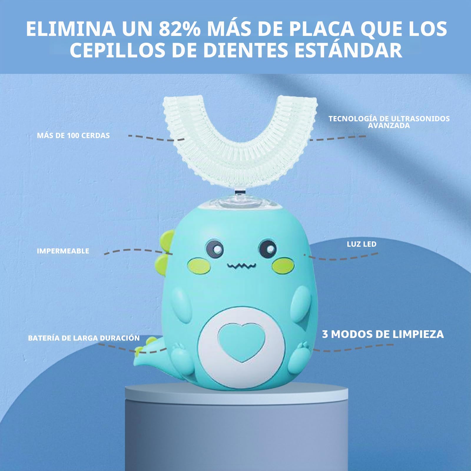 Cepillo de dientes ultrasónico de 360º para niños, cepillo de dientes eléctrico con 2 cabezales cepillo de silicona en forma de U, recargable e impermeable, para el hogar, viajes, uso (verde 6 ~ 12